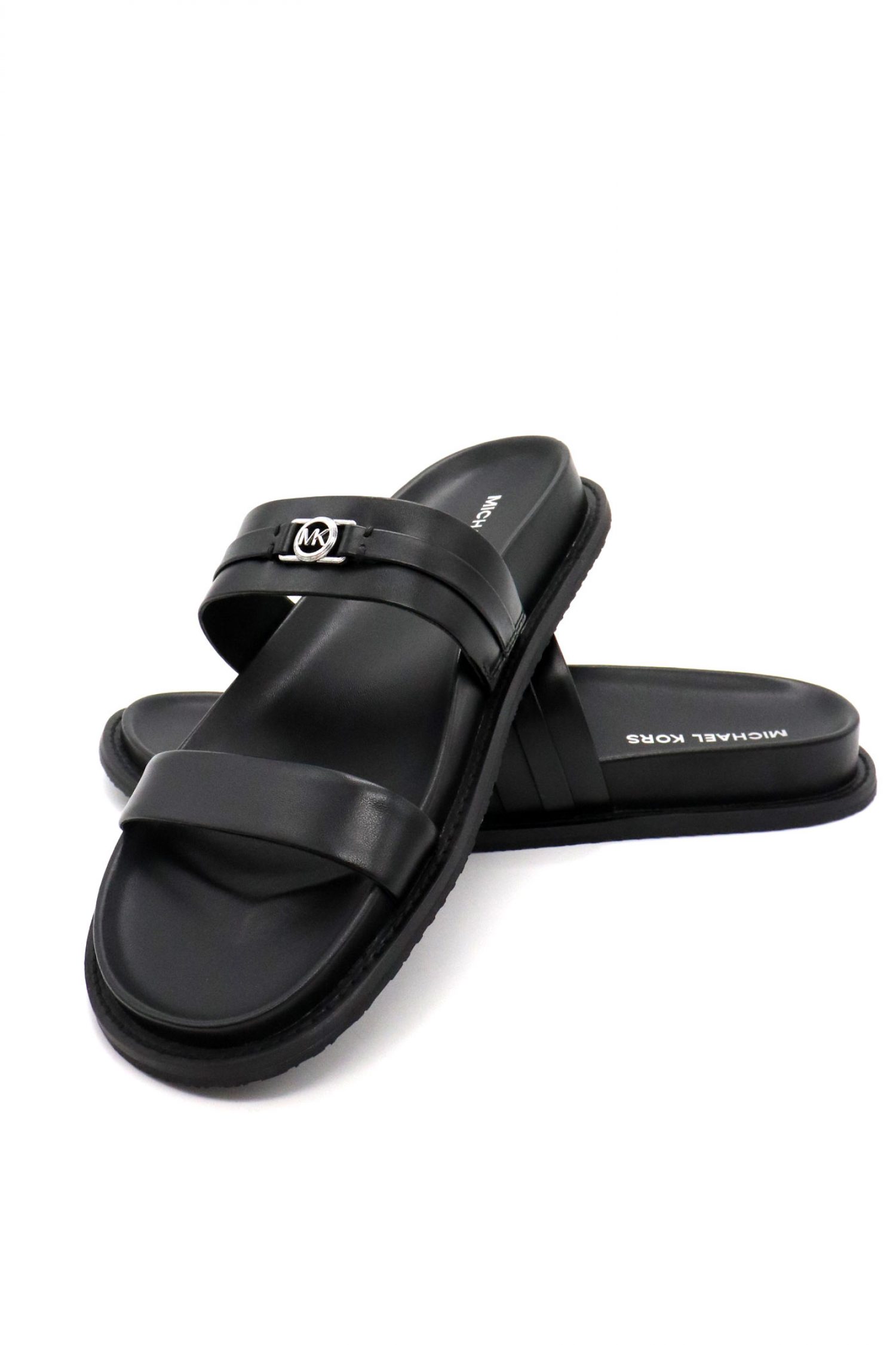 MICHAEL KORS ΠΑΠΟΥΤΣΙΑ ΠΑΝΤΟΦΛΕΣ MANDY FLAT SANDAL ΜΕΤΑΛΛΙΚΟ LOGO ΜΑΥΡΟ