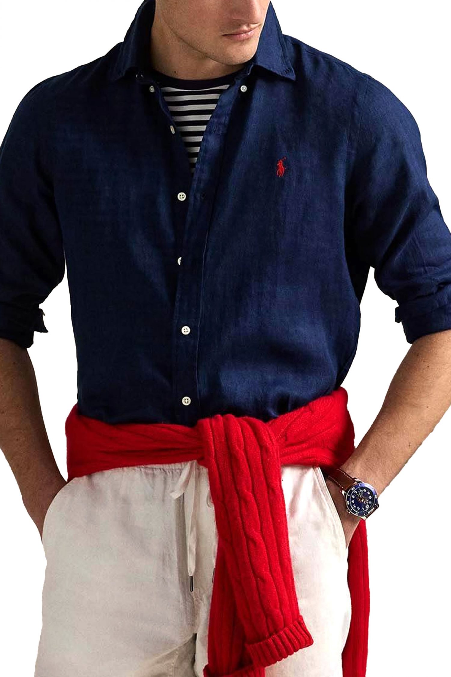 RALPH LAUREN ΠΟΥΚΑΜΙΣΟ BUTTON DOWN ΛΙΝΟ CUSTOM FIT LOGO ΜΠΛΕ φωτογραφία