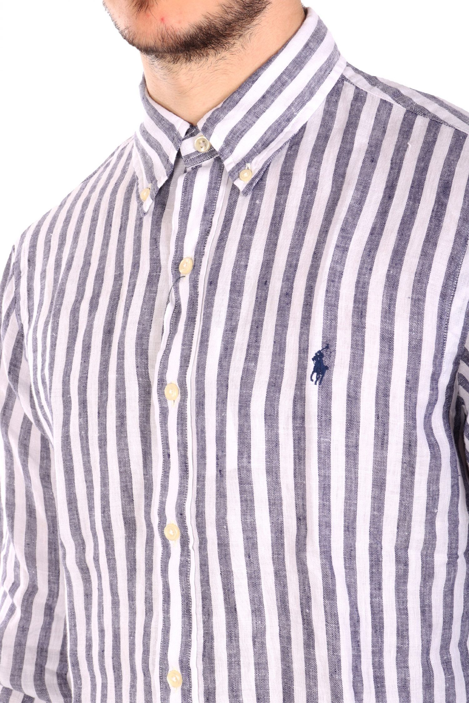 RALPH LAUREN ΠΟΥΚΑΜΙΣΟ ΡΙΓΕ BUTTON DOWN ΛΙΝΟ CUSTOM FIT LOGO ΛΕΥΚΟ-ΜΠΛΕ φωτογραφία