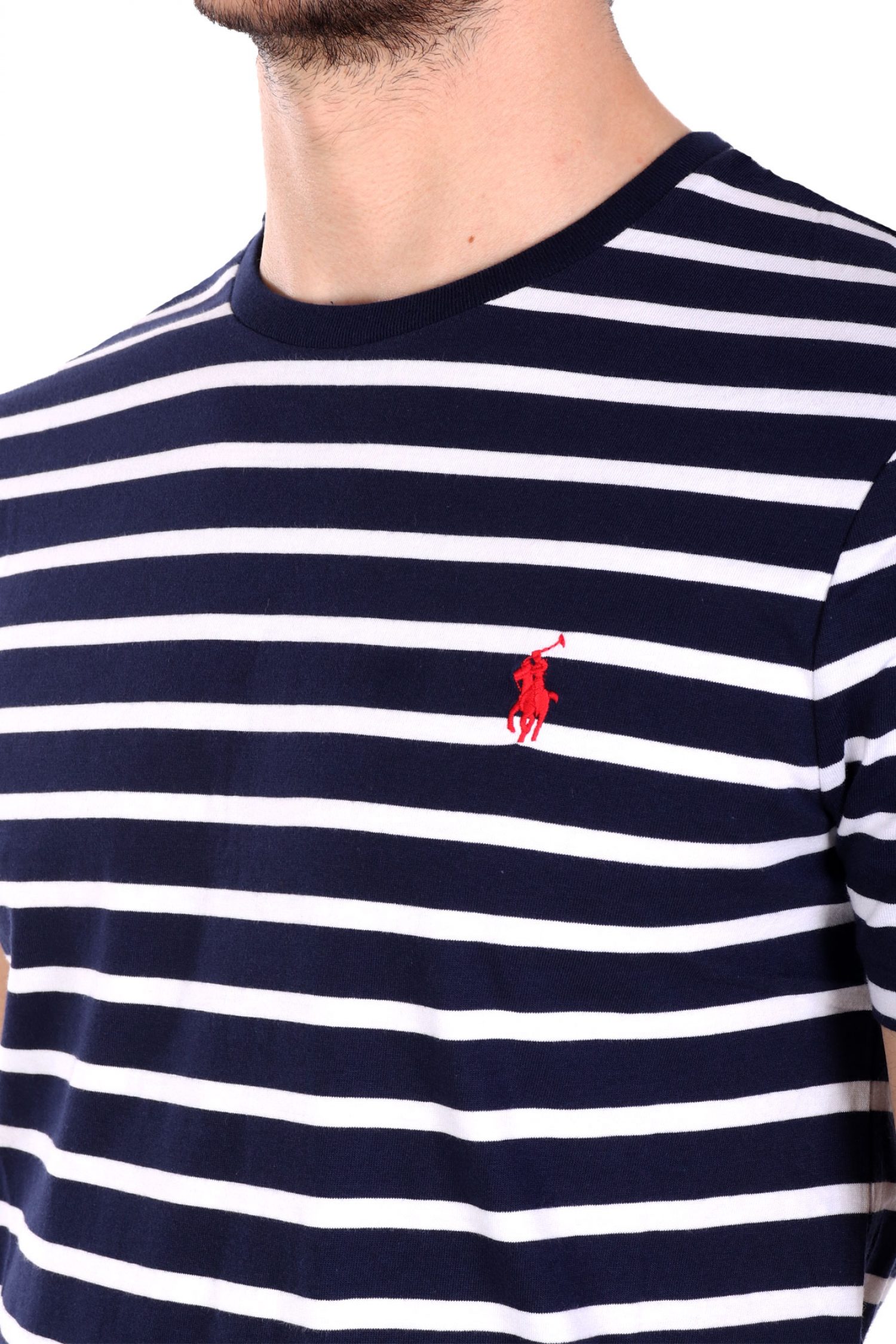 RALPH LAUREN T-SHIRT ΡΙΓΕ CUSTOM SLIM FIT LOGO ΜΠΛΕ-ΛΕΥΚΟ