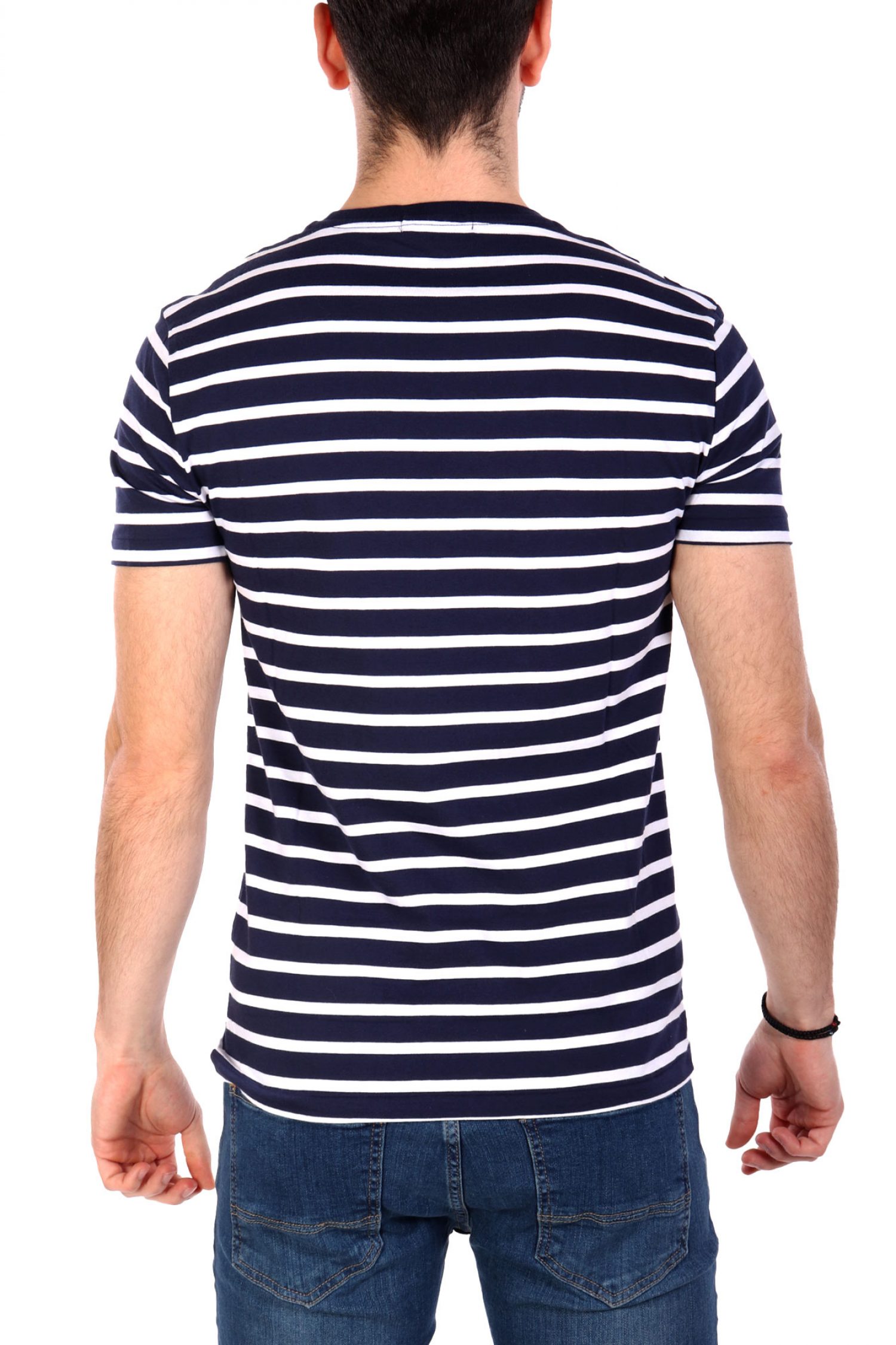 RALPH LAUREN T-SHIRT ΡΙΓΕ CUSTOM SLIM FIT LOGO ΜΠΛΕ-ΛΕΥΚΟ