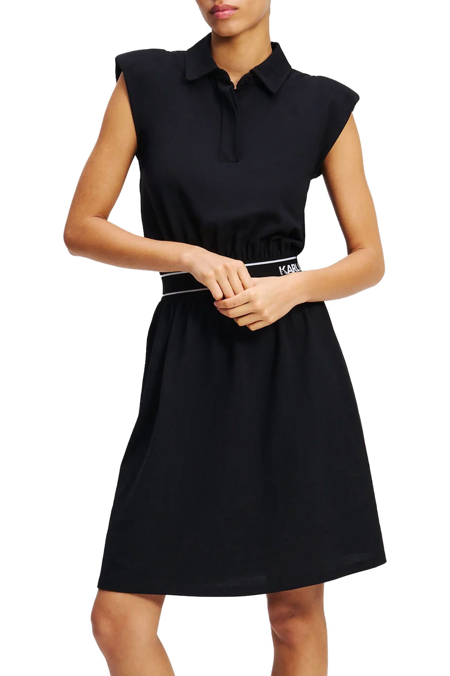 KARL LAGERFELD ΦΟΡΕΜΑ MINI JERSEY POLO DRESS ΒΑΤΕΣ ΛΑΣΤΙΧΟ ΜΕΣΗ LOGO ΜΑΥΡΟ