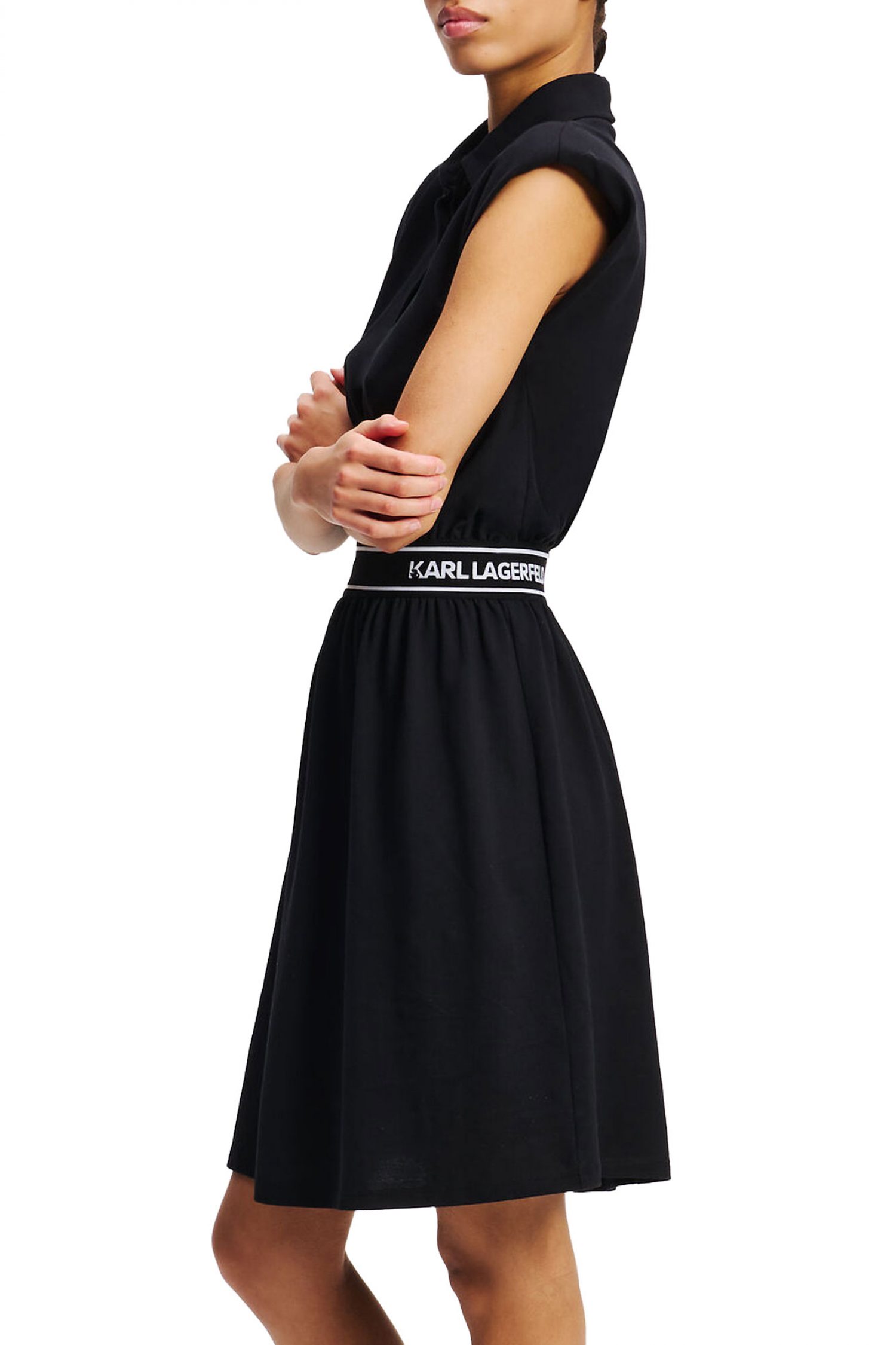 KARL LAGERFELD ΦΟΡΕΜΑ MINI JERSEY POLO DRESS ΒΑΤΕΣ ΛΑΣΤΙΧΟ ΜΕΣΗ LOGO ΜΑΥΡΟ