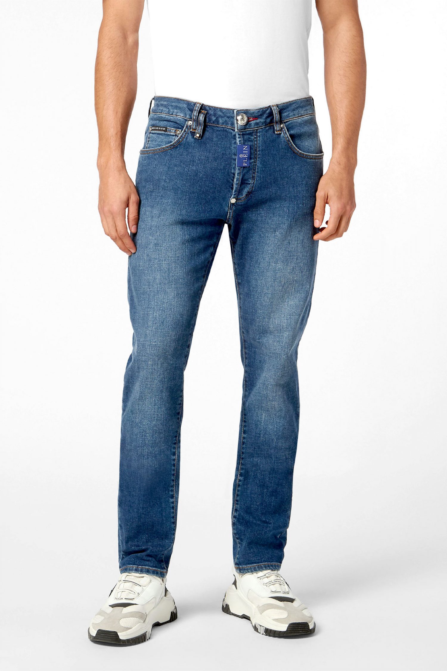 PHILIPP PLEIN ΠΑΝΤΕΛΟΝΙ JEANS SUPER STRAIGHT CUT FIT HEXAGON ΣΚΟΥΡΟ ΜΠΛΕ