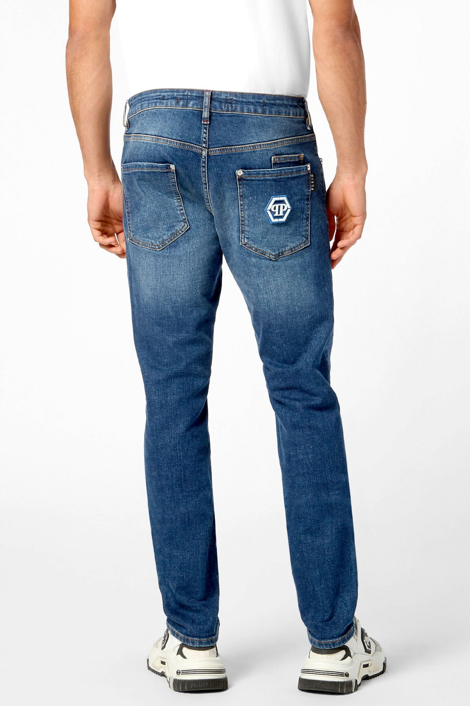 PHILIPP PLEIN ΠΑΝΤΕΛΟΝΙ JEANS SUPER STRAIGHT CUT FIT HEXAGON ΣΚΟΥΡΟ ΜΠΛΕ