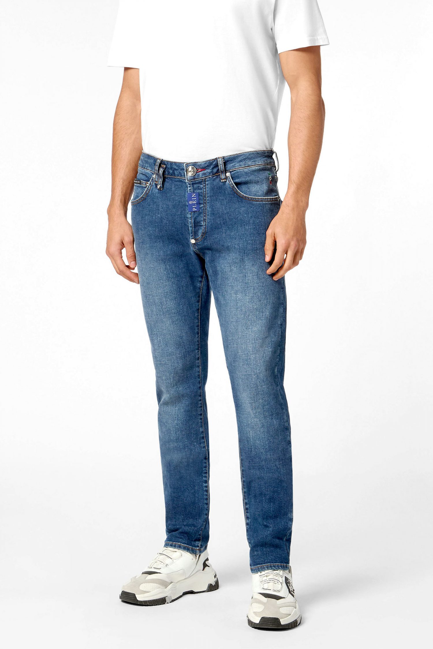 PHILIPP PLEIN ΠΑΝΤΕΛΟΝΙ JEANS SUPER STRAIGHT CUT FIT HEXAGON ΣΚΟΥΡΟ ΜΠΛΕ
