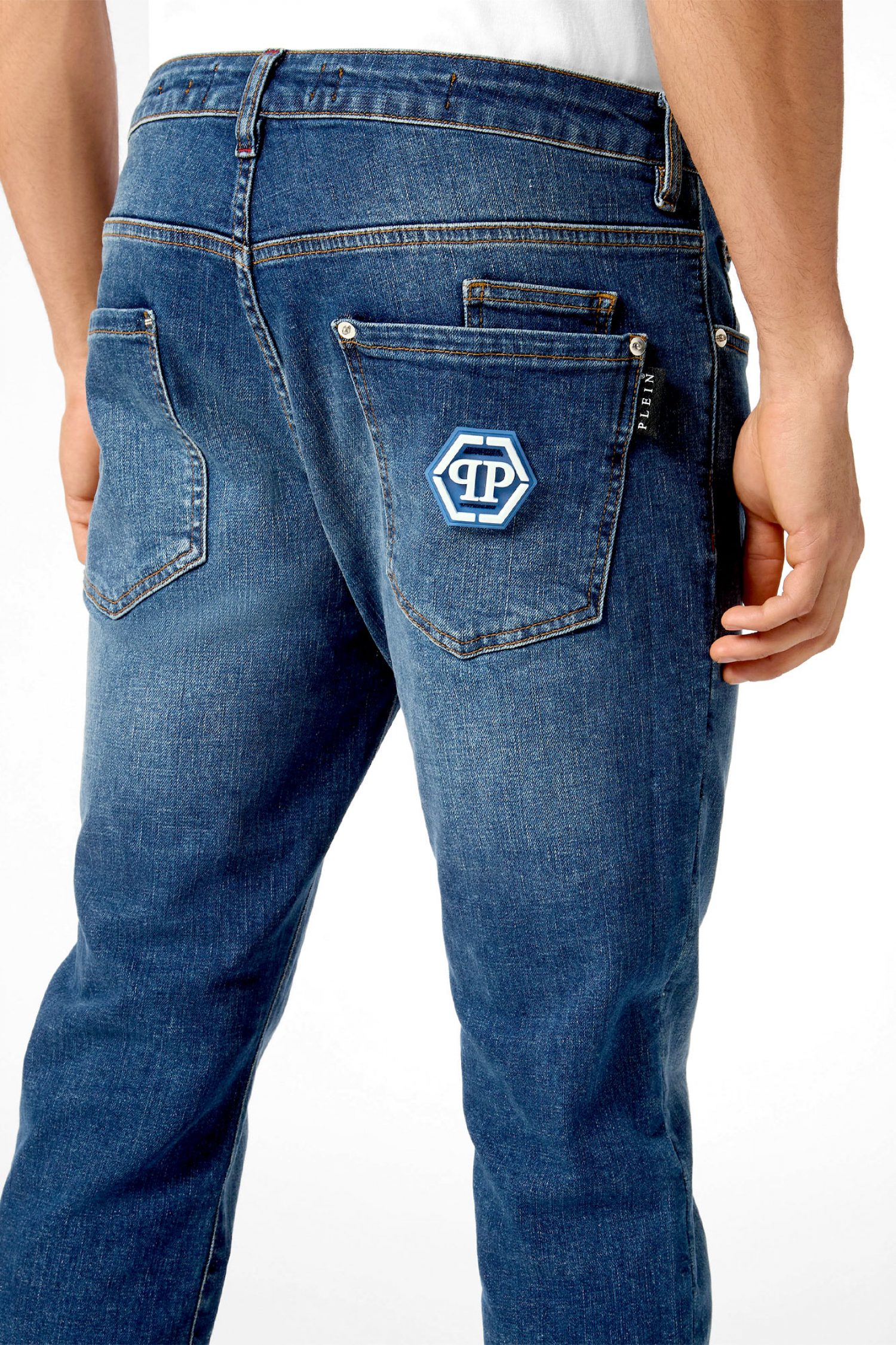PHILIPP PLEIN ΠΑΝΤΕΛΟΝΙ JEANS SUPER STRAIGHT CUT FIT HEXAGON ΣΚΟΥΡΟ ΜΠΛΕ