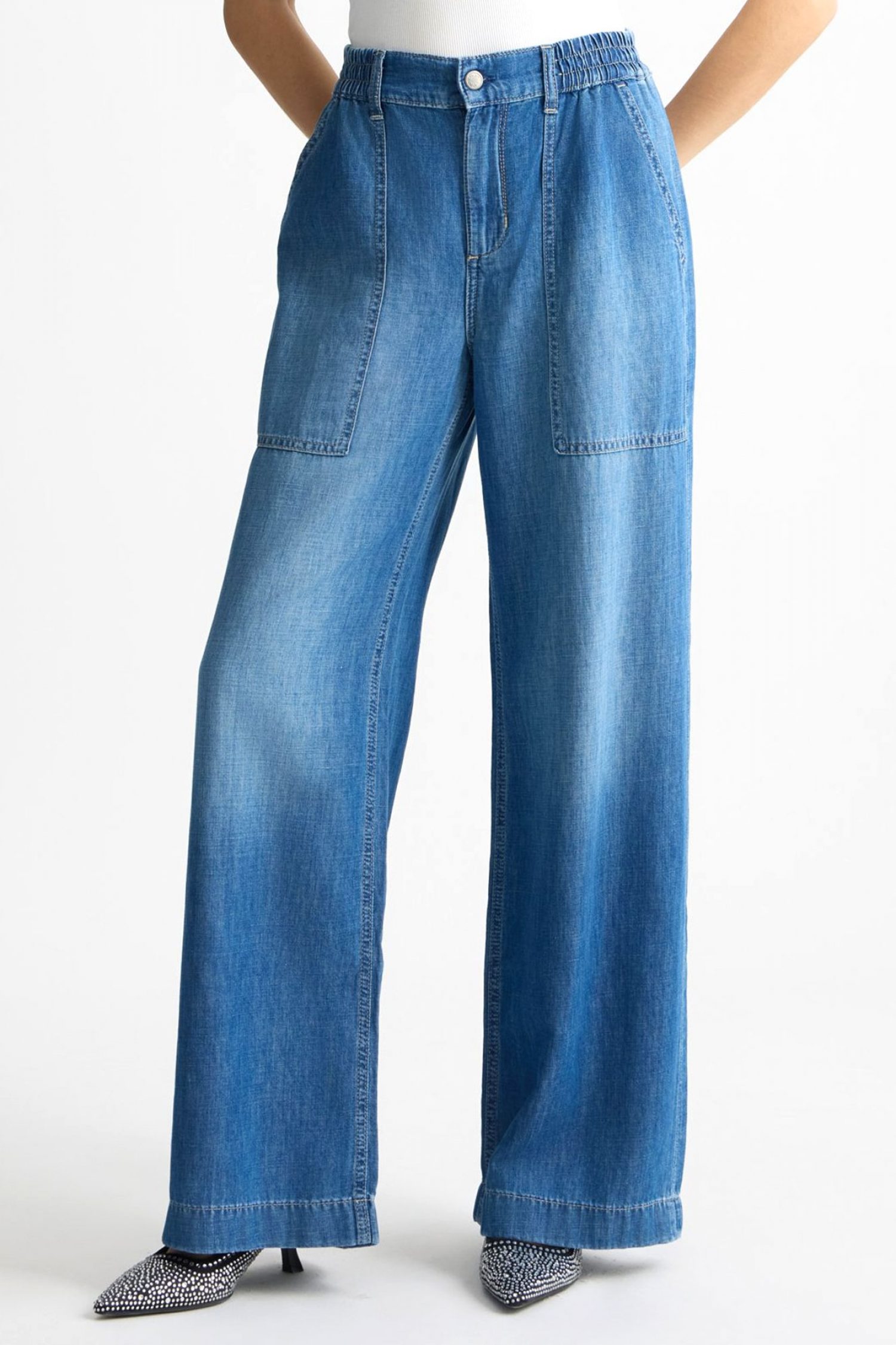 LIU-JO ΠΑΝΤΕΛΟΝΑ JEANS ΛΑΣΤΙΧΟ ΣΤΗΝ ΜΕΣΗ LOGO ΠΙΣΩ ΜΠΛΕ