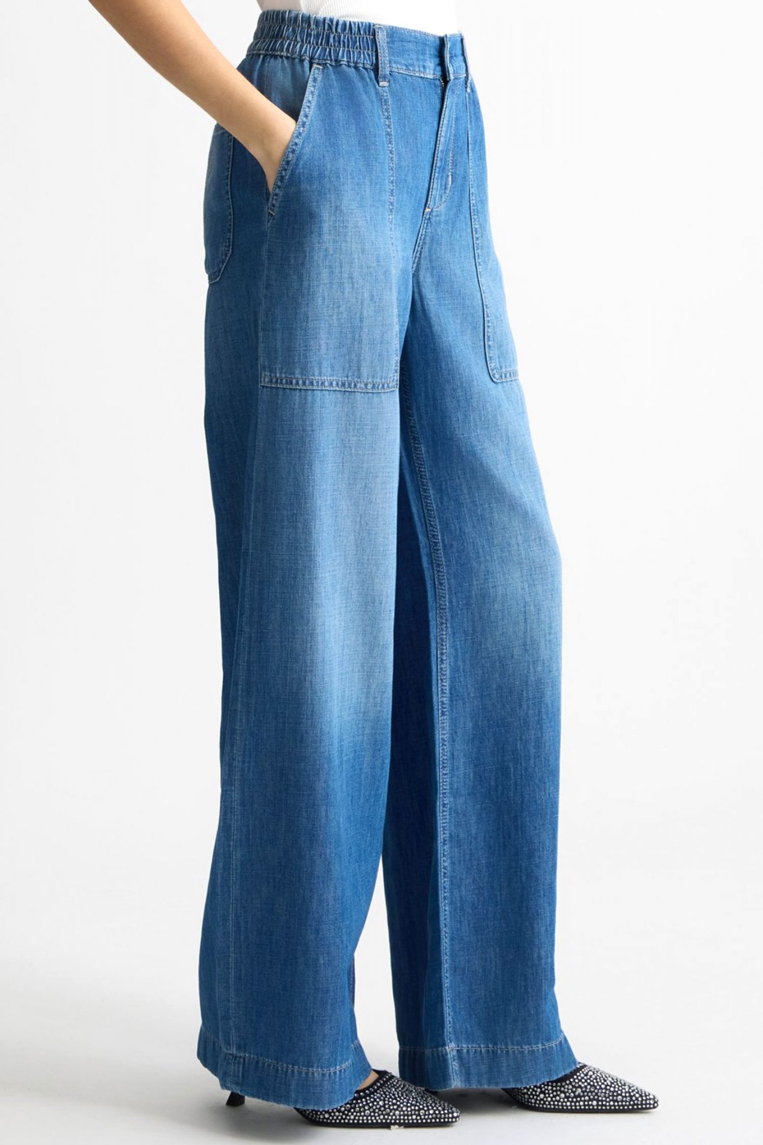 LIU-JO ΠΑΝΤΕΛΟΝΑ JEANS ΛΑΣΤΙΧΟ ΣΤΗΝ ΜΕΣΗ LOGO ΠΙΣΩ ΜΠΛΕ