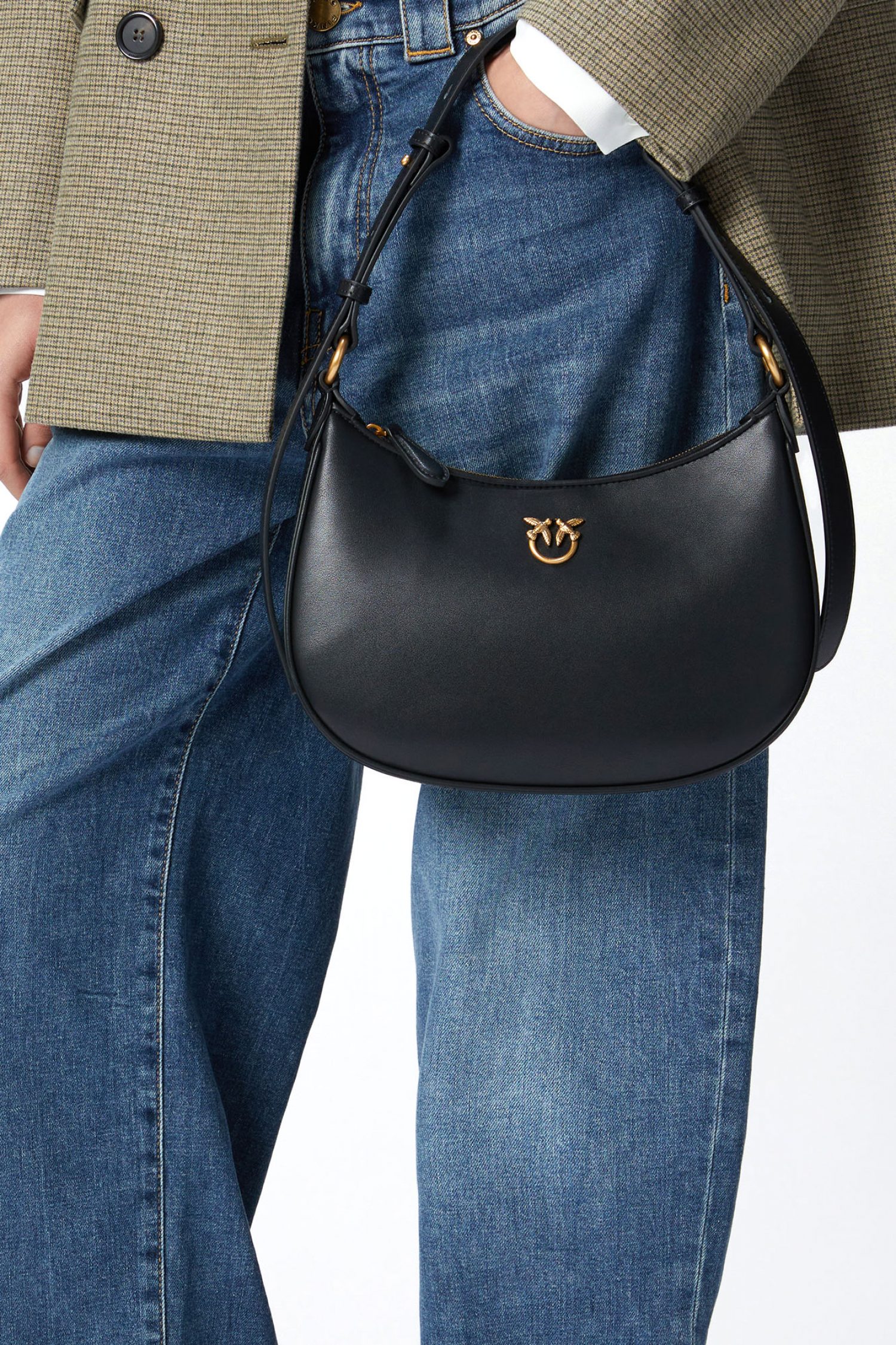 PINKO ΤΣΑΝΤΑ ΩΜΟΥ HALF MOON MINI FL VITELLO SETA ΜΑΥΡΟ-ANTIQUE GOLD