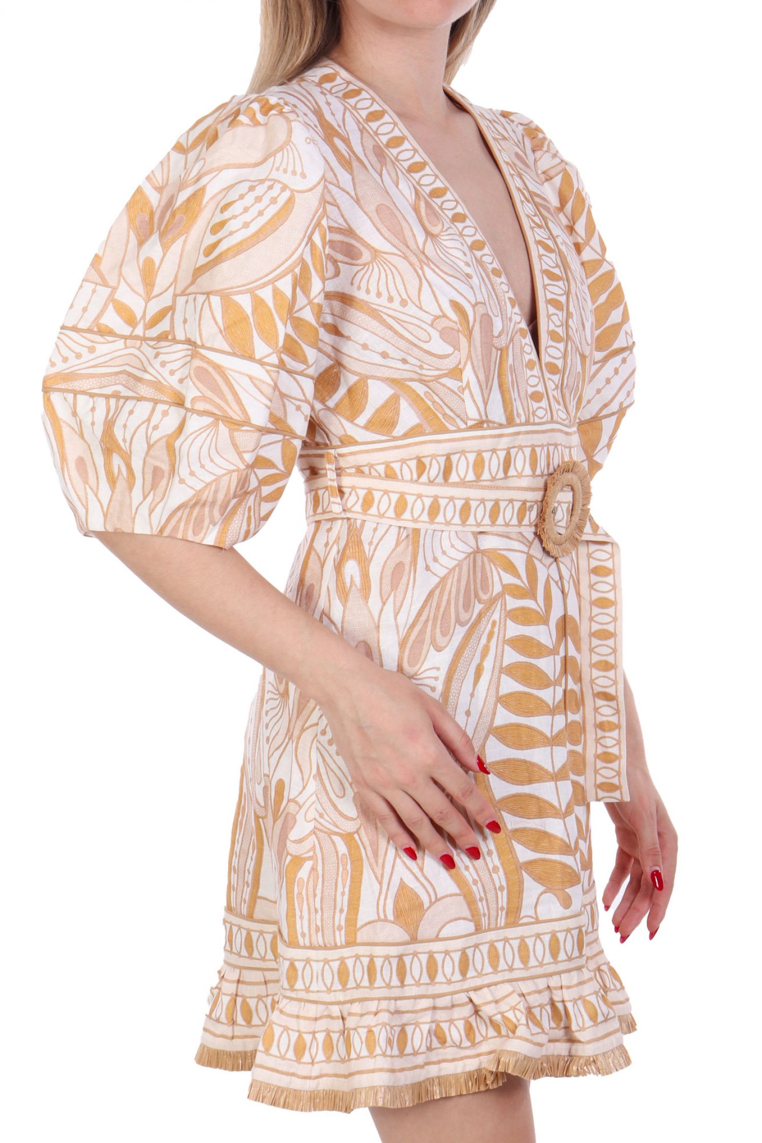 FARM RIO ΦΟΡΕΜΑ MINI LACE NATURE ΕΜΠΡΙΜΕ V-NECK ΑΠΟΣΠΩΜΕΝΗ ΖΩΝΗ ΒΟΛΑΝ ΚΑΤΩ ΚΡΟΣΙΑ ΕΚΡΟΥ-ΜΠΕΖ