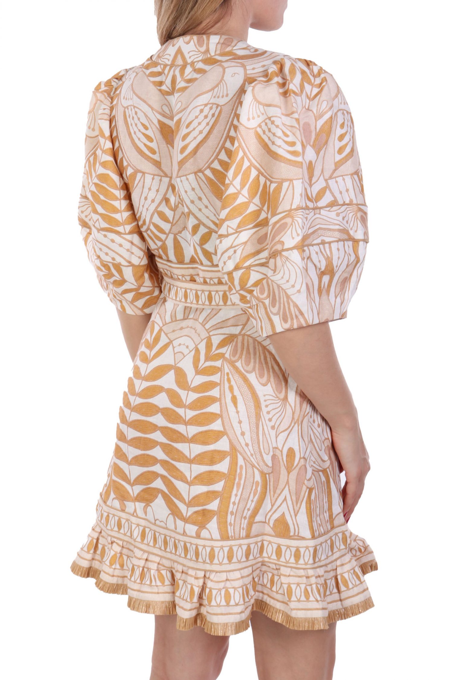 FARM RIO ΦΟΡΕΜΑ MINI LACE NATURE ΕΜΠΡΙΜΕ V-NECK ΑΠΟΣΠΩΜΕΝΗ ΖΩΝΗ ΒΟΛΑΝ ΚΑΤΩ ΚΡΟΣΙΑ ΕΚΡΟΥ-ΜΠΕΖ