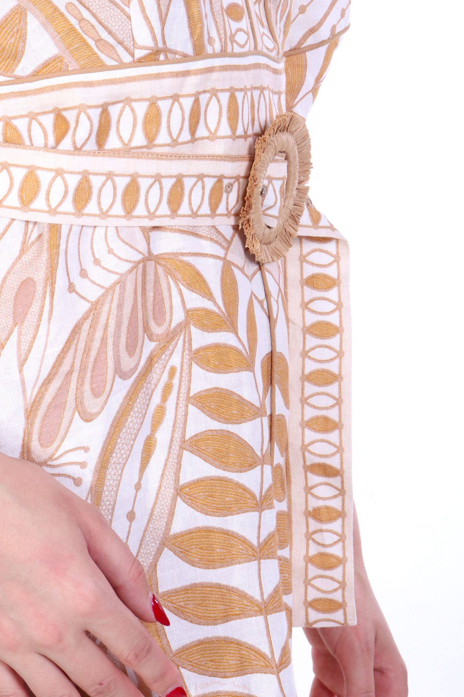 FARM RIO ΦΟΡΕΜΑ MINI LACE NATURE ΕΜΠΡΙΜΕ V-NECK ΑΠΟΣΠΩΜΕΝΗ ΖΩΝΗ ΒΟΛΑΝ ΚΑΤΩ ΚΡΟΣΙΑ ΕΚΡΟΥ-ΜΠΕΖ