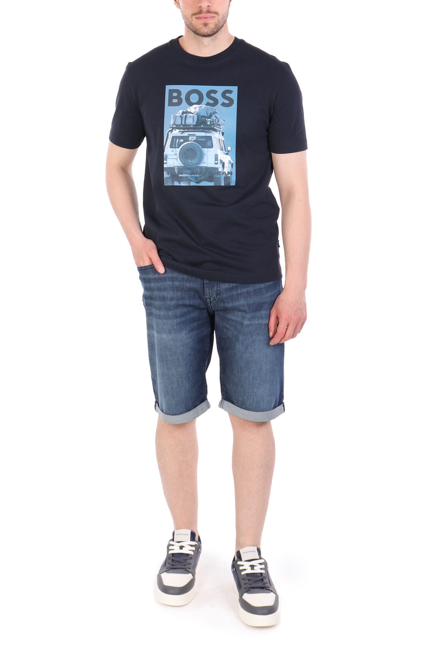 BOSS CASUAL T-SHIRT ΜΕ ΣΤΑΜΠΑ REGULAR FIT TE_MEXTOUR ΣΚΟΥΡΟ ΜΠΛΕ