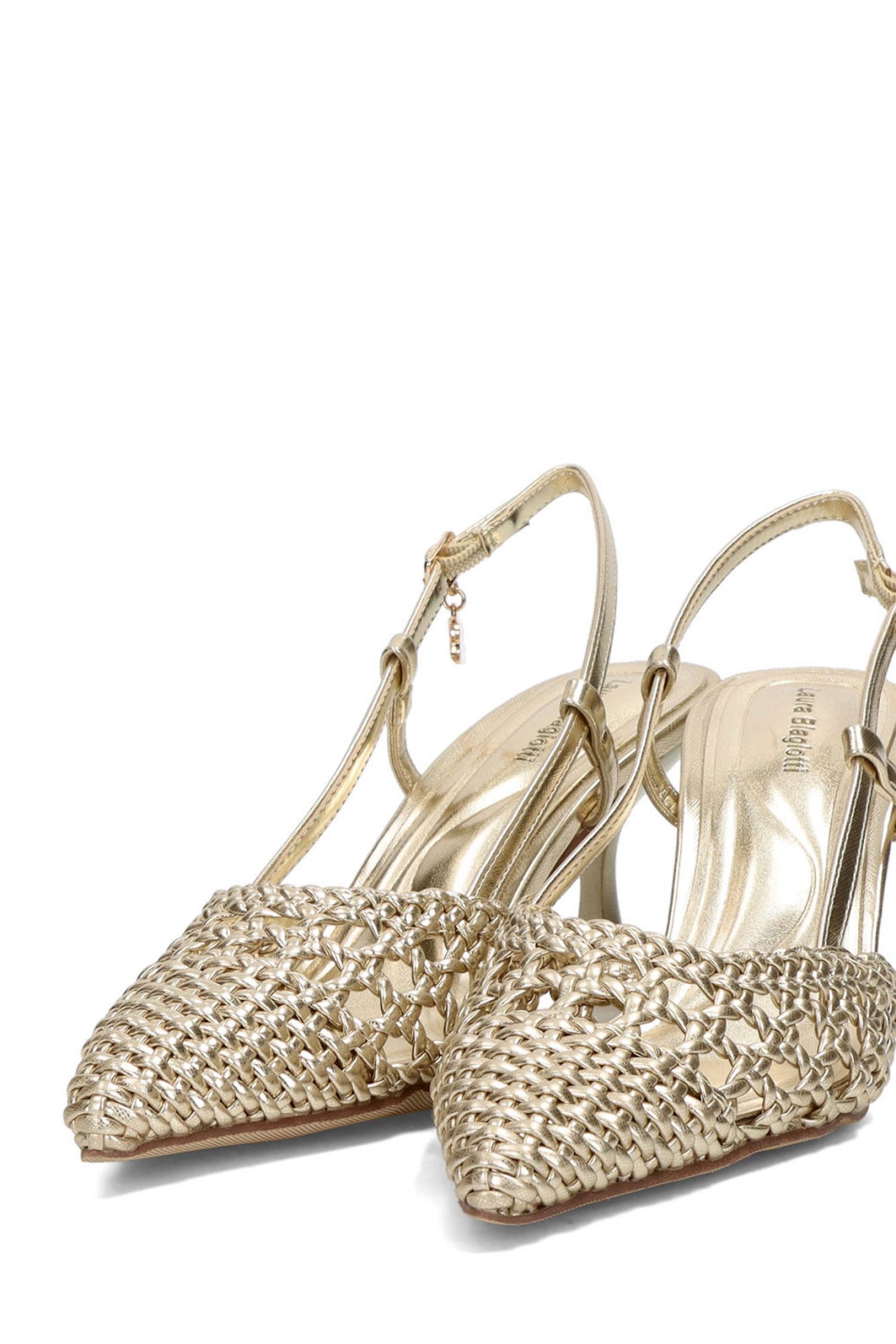 LAURA BIAGIOTTI ΠΑΠΟΥΤΣΙΑ MULES ΜΕΤΑΛΛΙΚΟ ΠΛΕΚΤΟ LOGO ΧΡΥΣΟ φωτογραφία