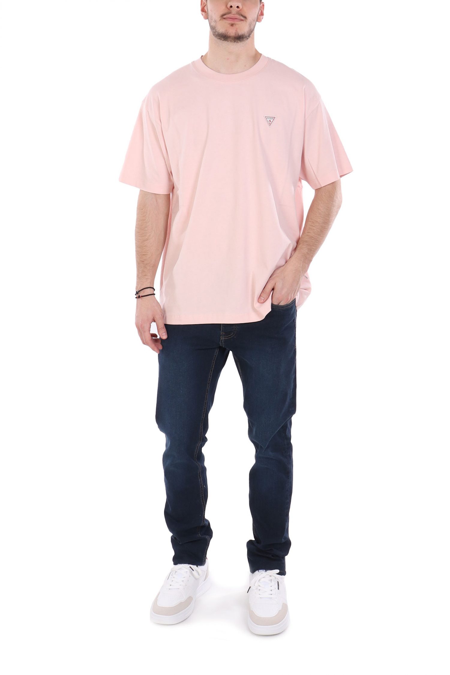 GUESS JEANS T-SHIRT CREWNECK OVERSIZED FIT LOGO ΡΟΖ