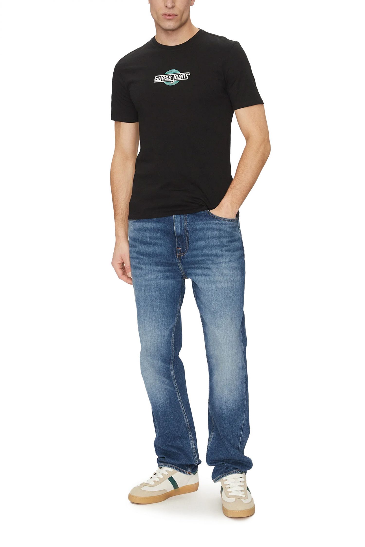GUESS JEANS T-SHIRT CREWNECK SLIM FIT LOGO ΜΑΥΡΟ