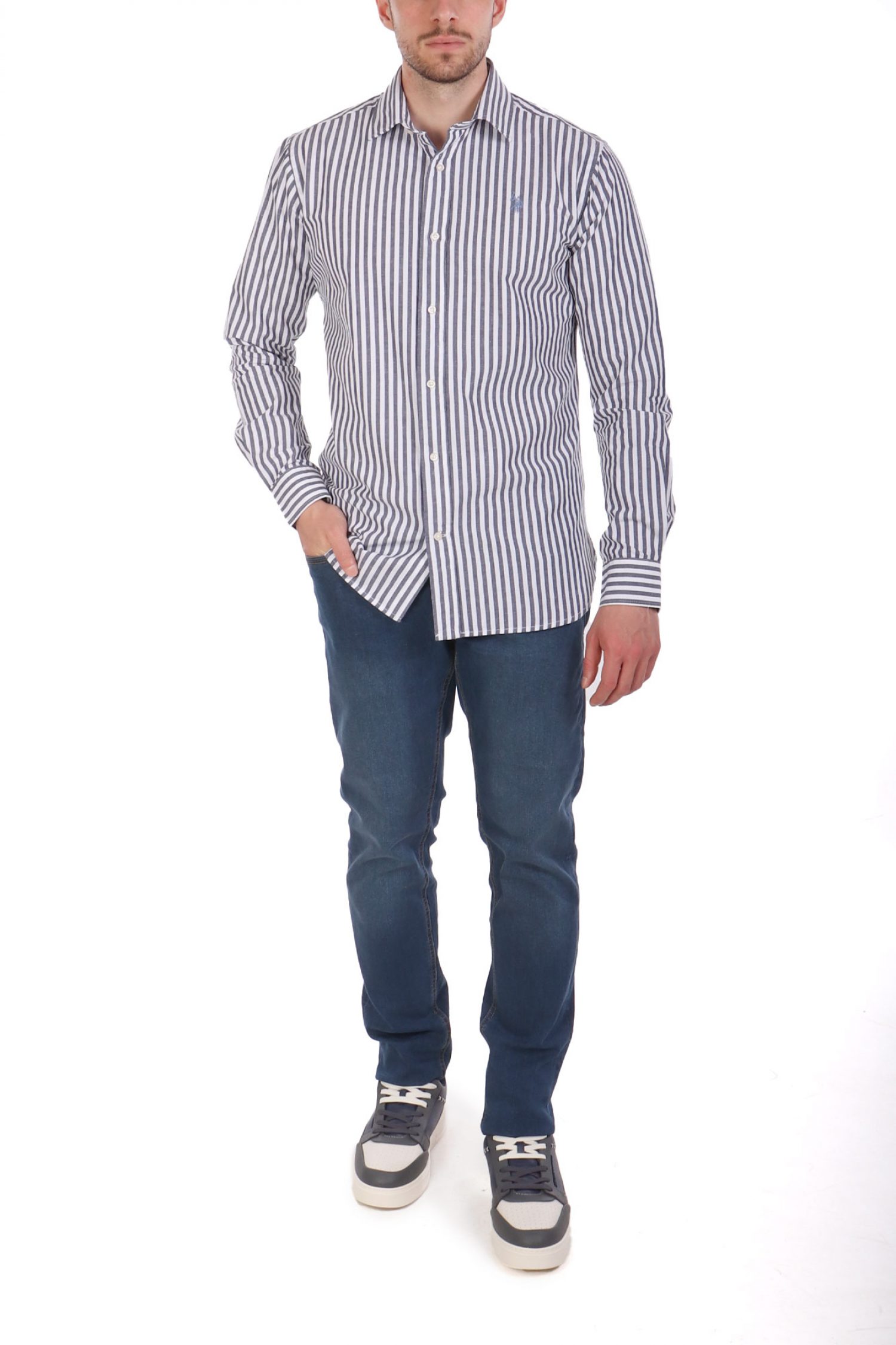 U.S.POLO ASSN ΠΟΥΚΑΜΙΣΟ ΡΙΓΕ REGULAR FIT ΜΠΛΕ-ΛΕΥΚΟ