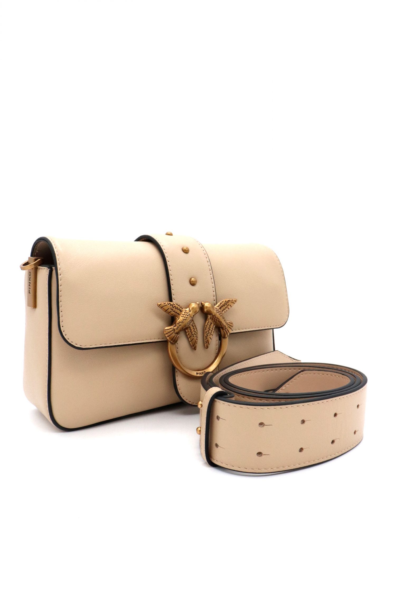 PINKO ΤΣΑΝΤΑ ΔΕΡΜΑ LOVE ONE MINI SLOUCHY FL VITELLO MORBIDO ΜΠΕΖ-ANTIQUE GOLD