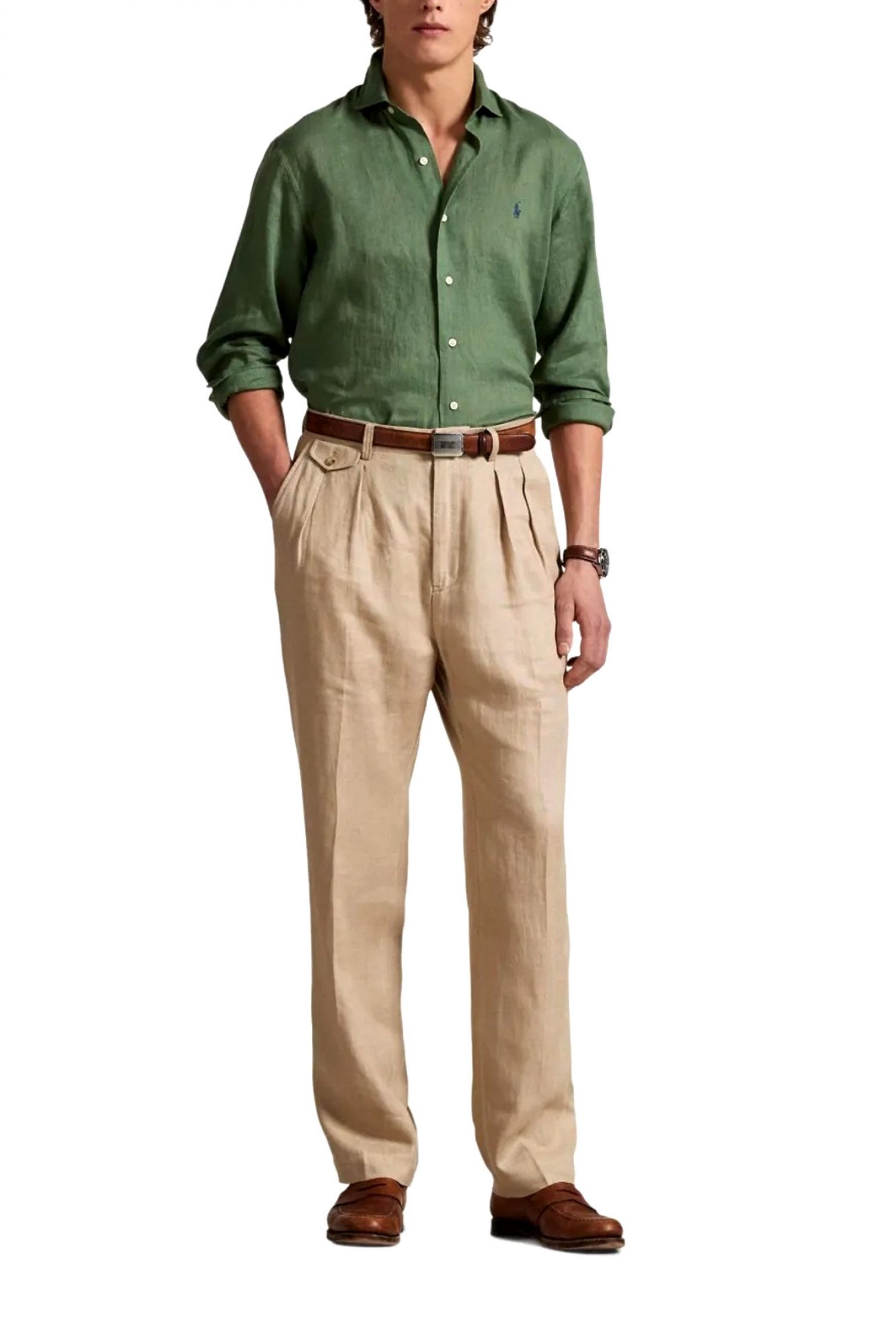 RALPH LAUREN ΠΟΥΚΑΜΙΣΟ BUTTON DOWN ΛΙΝΟ CUSTOM FIT ΠΡΑΣΙΝΟ