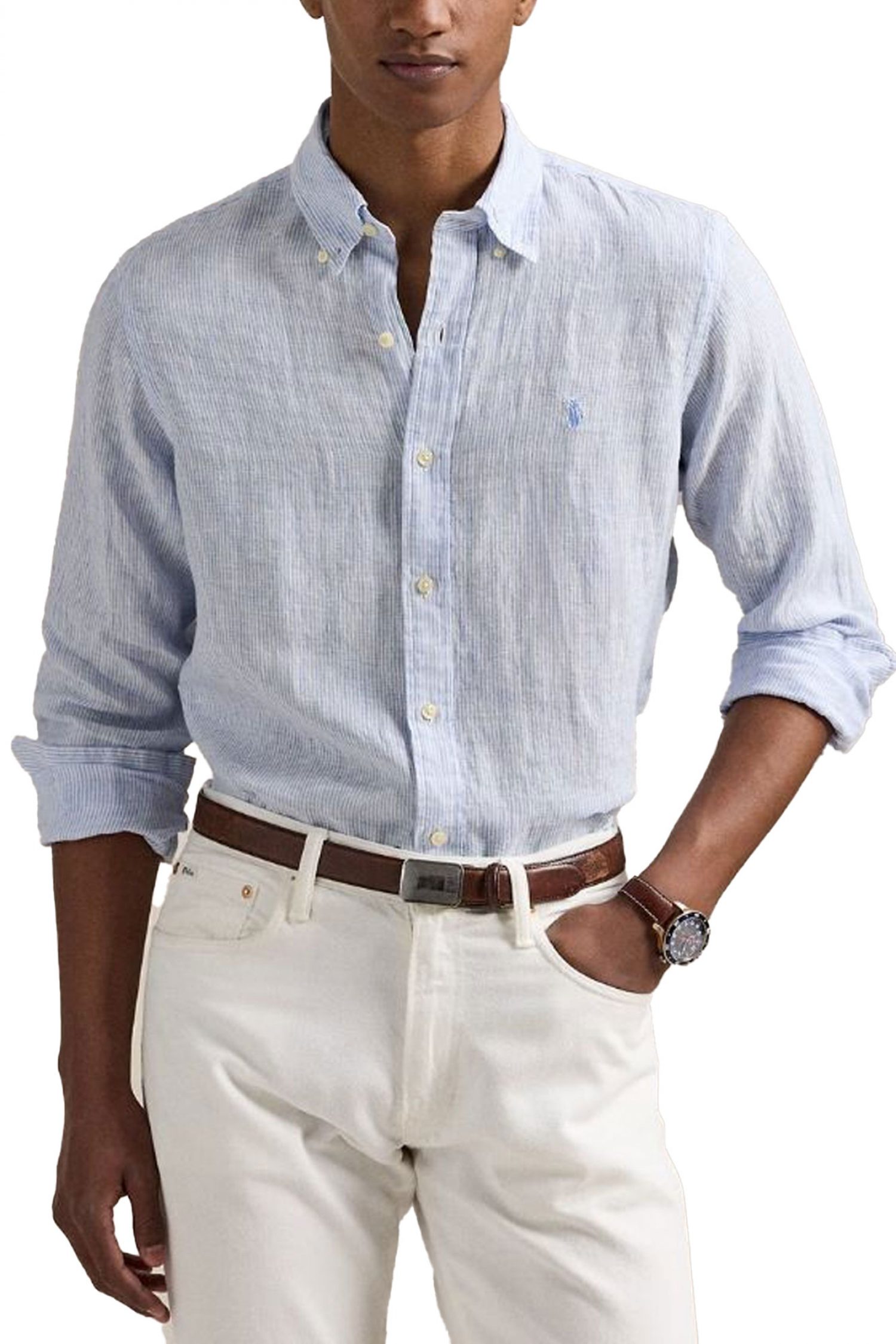 RALPH LAUREN ΠΟΥΚΑΜΙΣΟ BUTTON DOWN ΡΙΓΕ ΛΙΝΟ CUSTOM FIT ΣΙΕΛ-ΛΕΥΚΟ