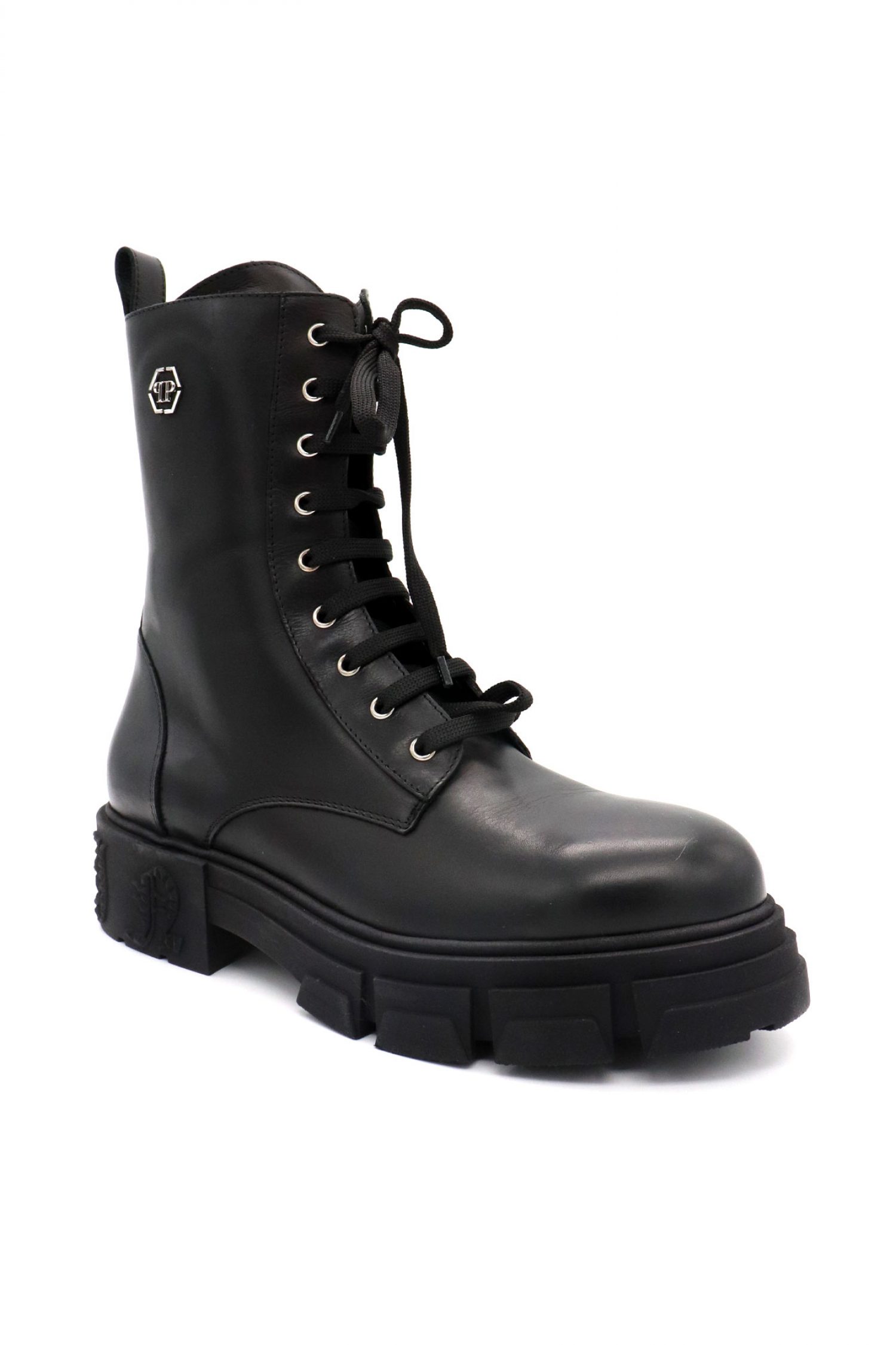 PHILIPP PLEIN ΠΑΠΟΥΤΣΙΑ ΜΠΟΤΑΚΙ CALF SKIN LEATHER FLAT HEXAGON LOGO ΜΑΥΡΟ