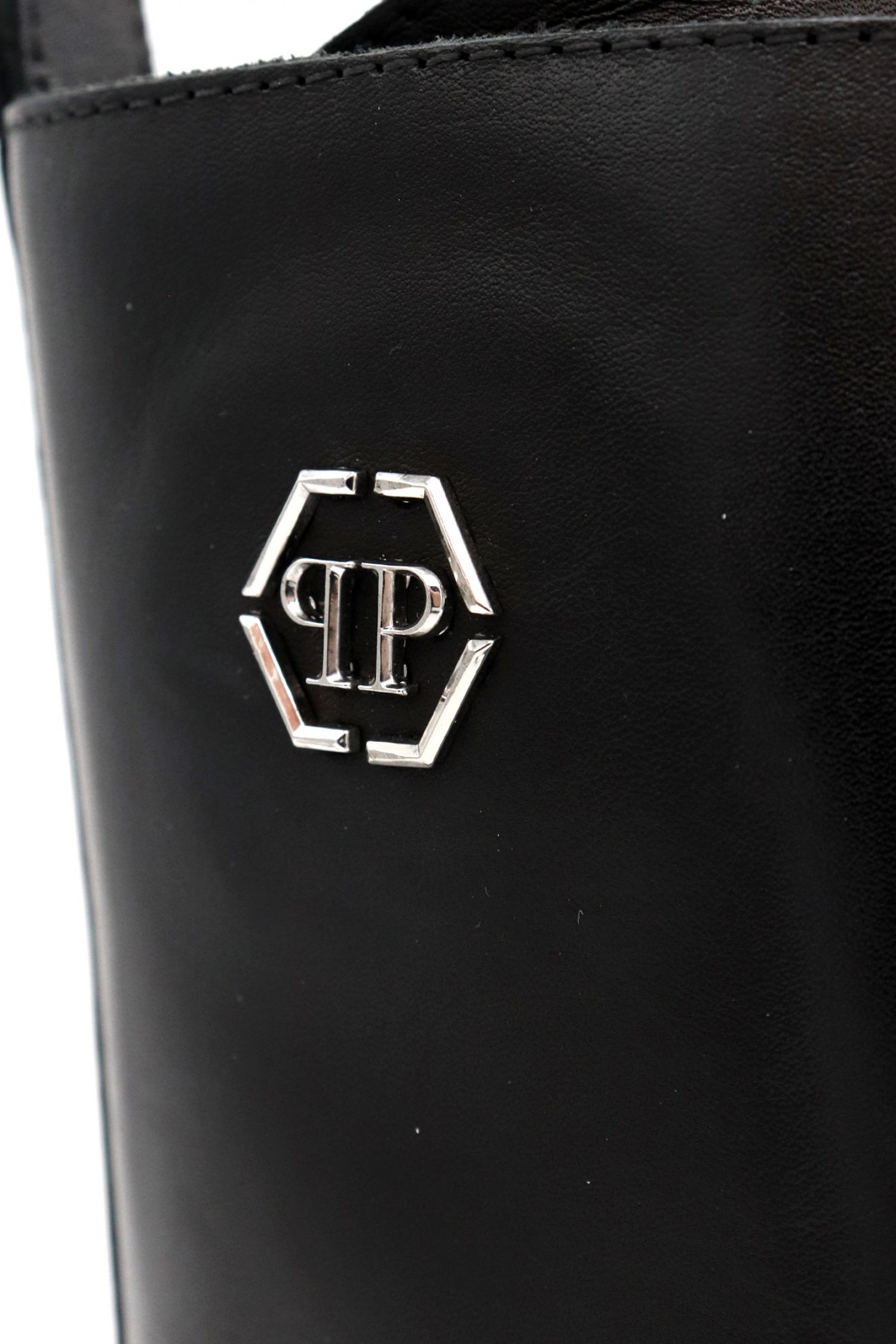 PHILIPP PLEIN ΠΑΠΟΥΤΣΙΑ ΜΠΟΤΑΚΙ CALF SKIN LEATHER FLAT HEXAGON LOGO ΜΑΥΡΟ