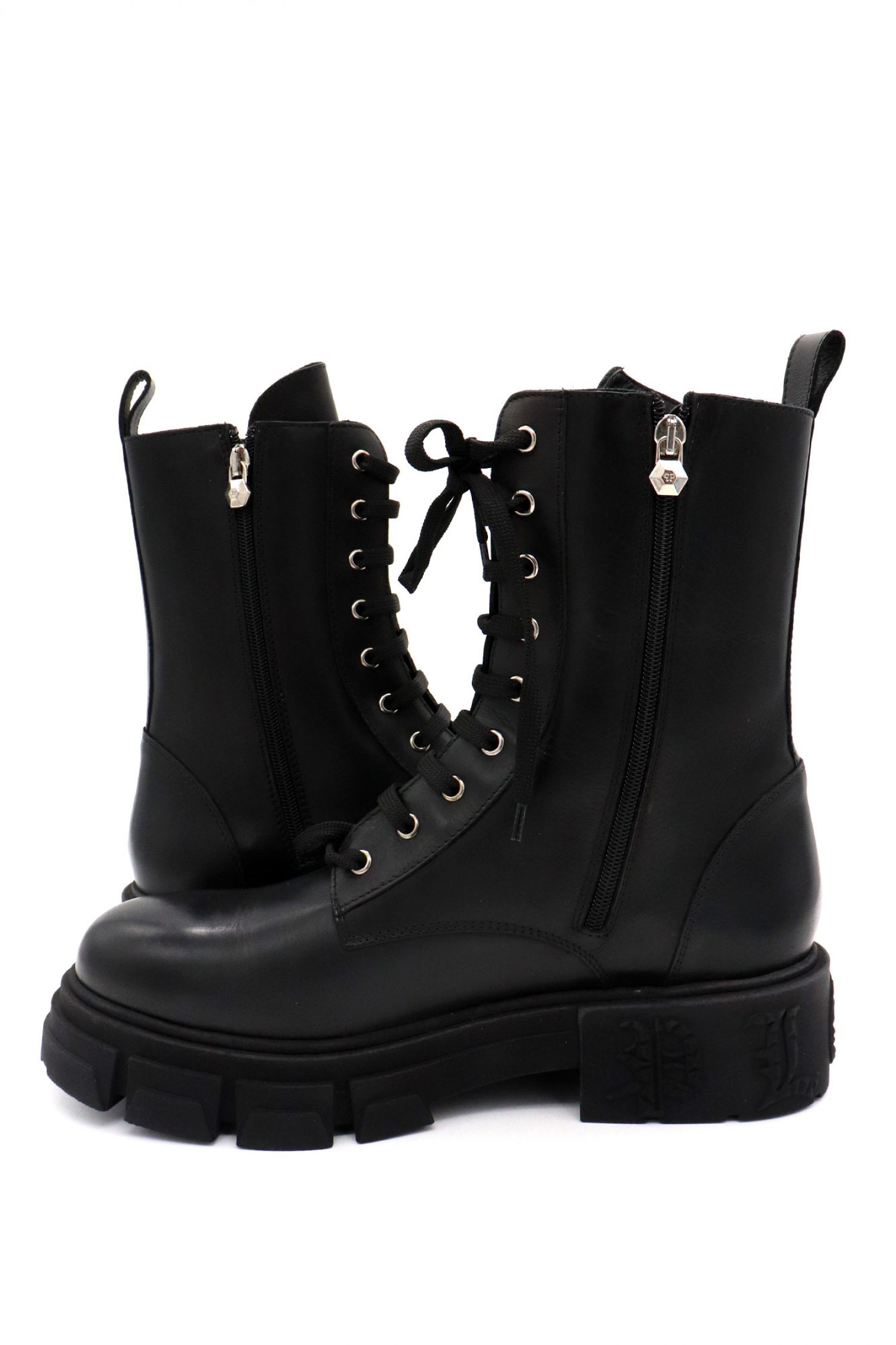 PHILIPP PLEIN ΠΑΠΟΥΤΣΙΑ ΜΠΟΤΑΚΙ CALF SKIN LEATHER FLAT HEXAGON LOGO ΜΑΥΡΟ