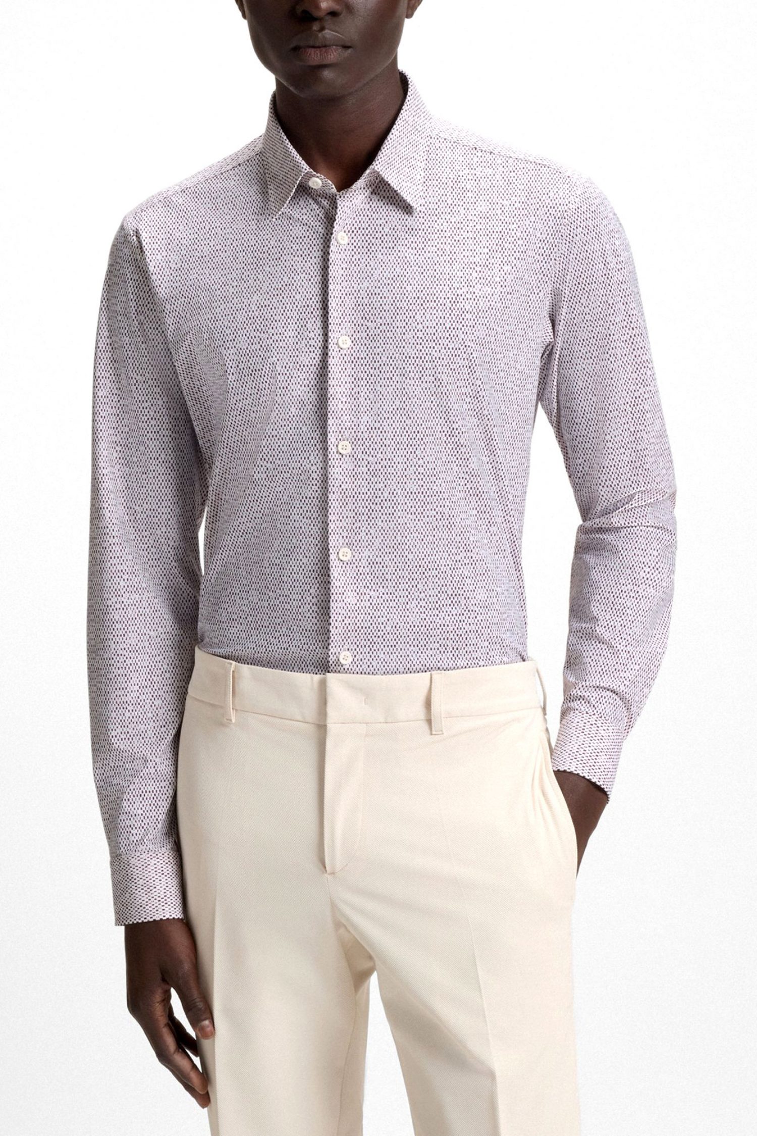 BOSS ΠΟΥΚΑΜΙΣΟ ΜΙΚΡΟΣΧΕΔΙΟ SLIM FIT P-ROAN-KENT-C1-233 ΛΕΥΚΟ-ΜΠΕΖ-ΚΑΦΕ