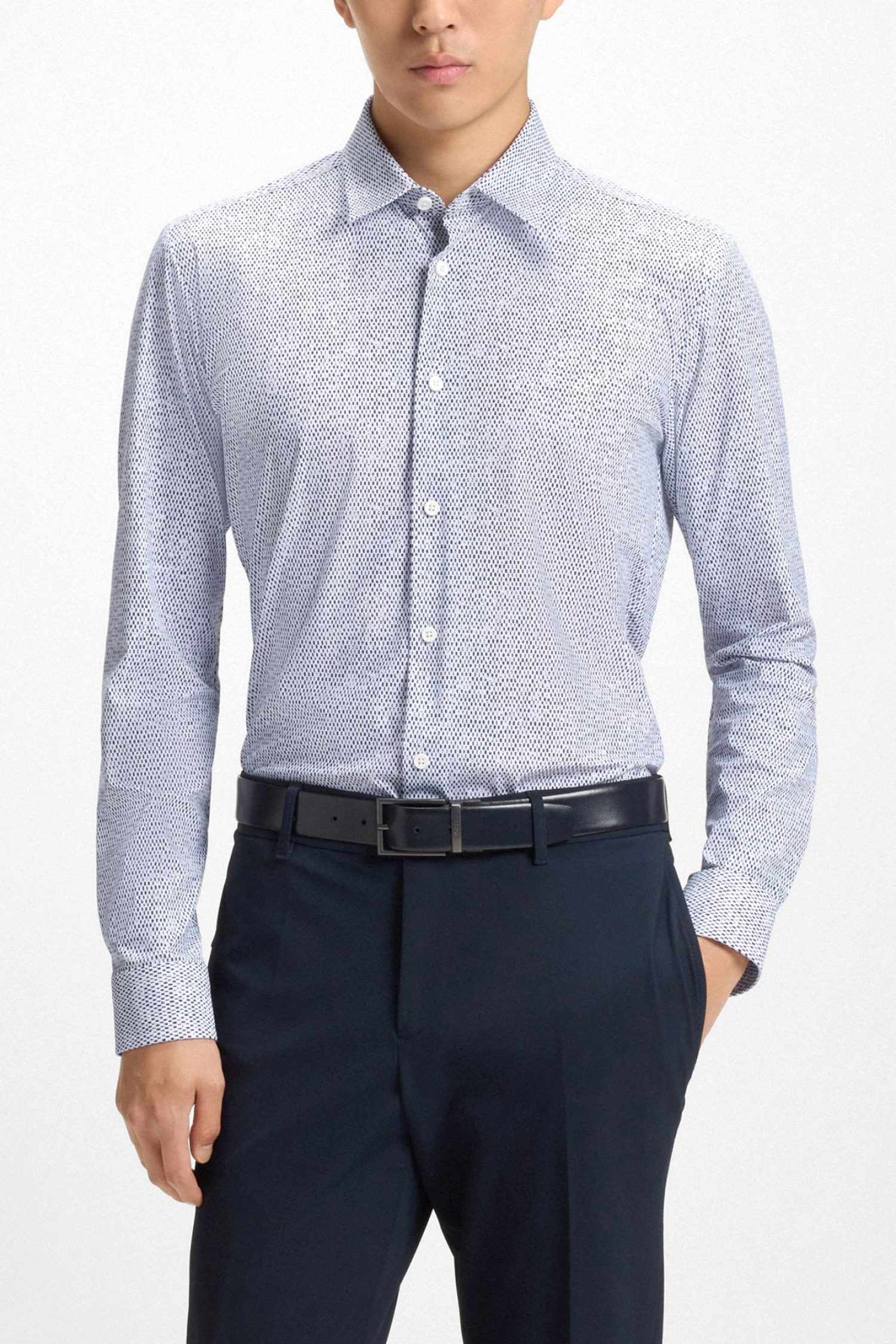 BOSS ΠΟΥΚΑΜΙΣΟ ΜΙΚΡΟΣΧΕΔΙΟ SLIM FIT P-ROAN-KENT-C1-233 ΜΠΛΕ-ΛΕΥΚΟ