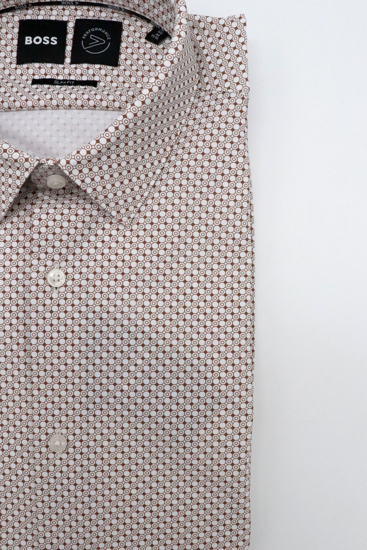 BOSS PERFORMANCE ΠΟΥΚΑΜΙΣΟ ΜΙΚΡΟΣΧΕΔΙΟ SLIM FIT P-HANK-S-KENT-C1-222 ΚΑΦΕ-ΛΕΥΚΟ