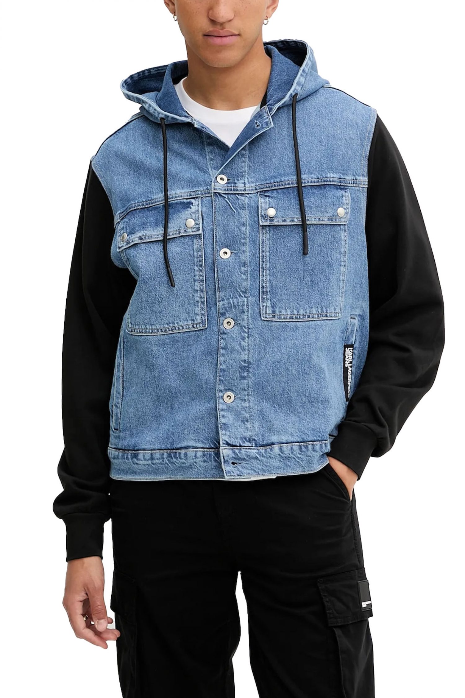 KARL LAGERFELD JEANS JACKET KLJ MIX MATERIAL ΜΠΟΥΦΑΝ ΚΟΥΚΟΥΛΑ ΜΠΛΕ JEANS φωτογραφία