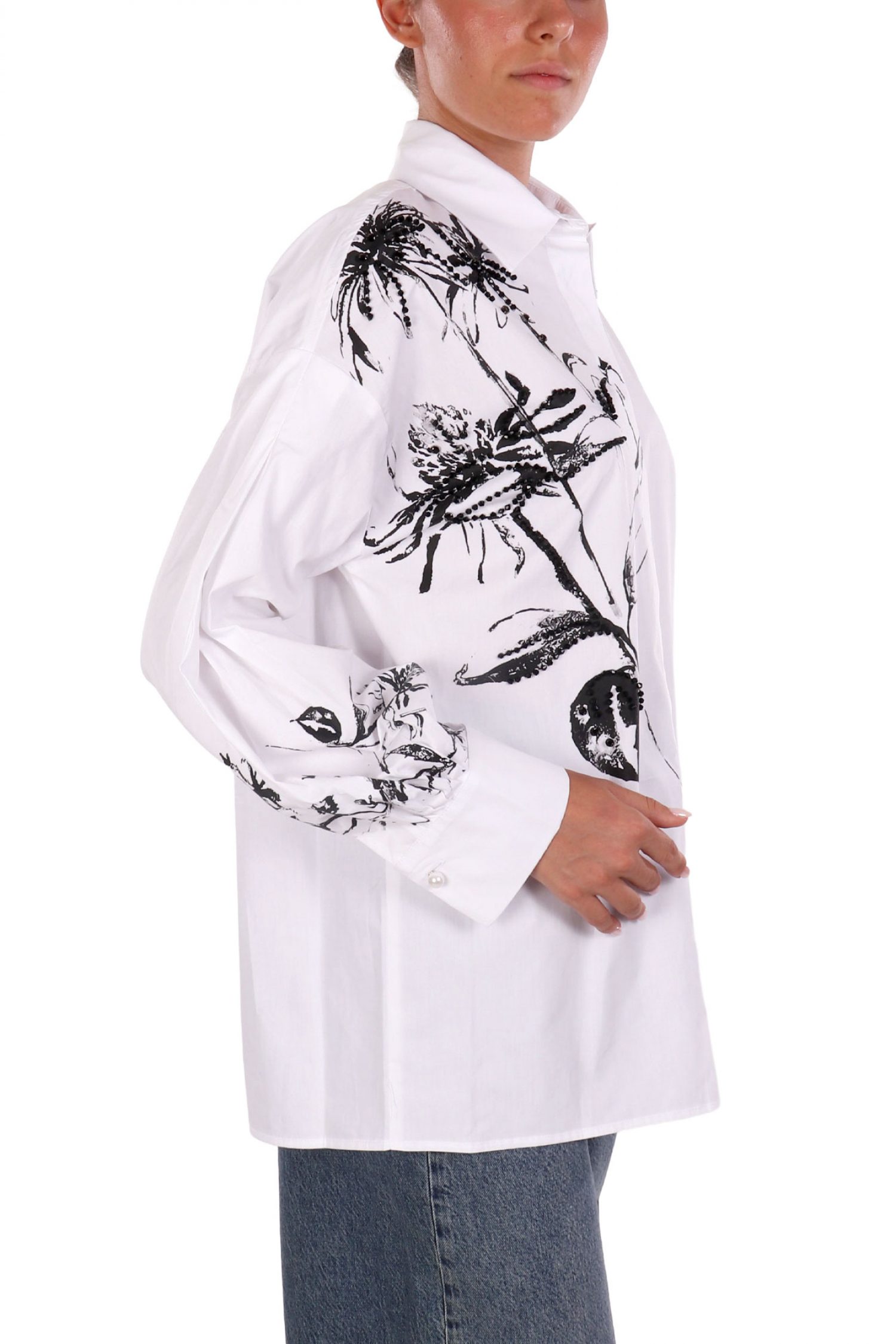 LIU-JO ΠΟΥΚΑΜΙΣΟ FLORAL ΧΑΝΤΡΕΣ ΜΑΝΙΚΙ ΚΟΥΦΟΠΙΕΤΑ ΛΕΥΚΟ-ΜΑΥΡΟ φωτογραφία