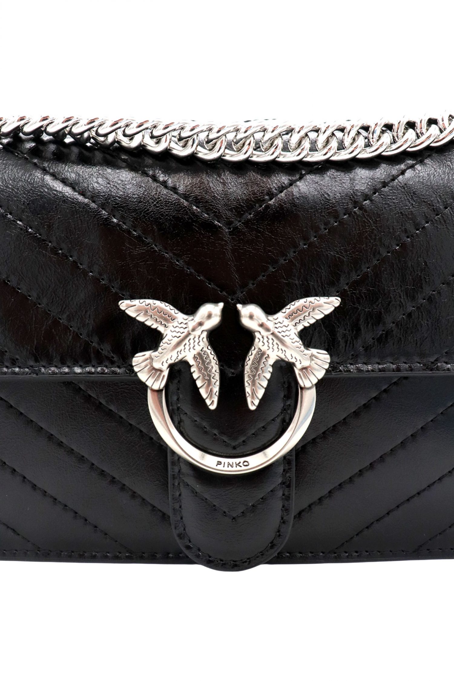 PINKO ΤΣΑΝΤΑ LOVE ONE LIGHT MINI VITELLO WRINKLE FLAT CHEVRON ΜΑΥΡΟ