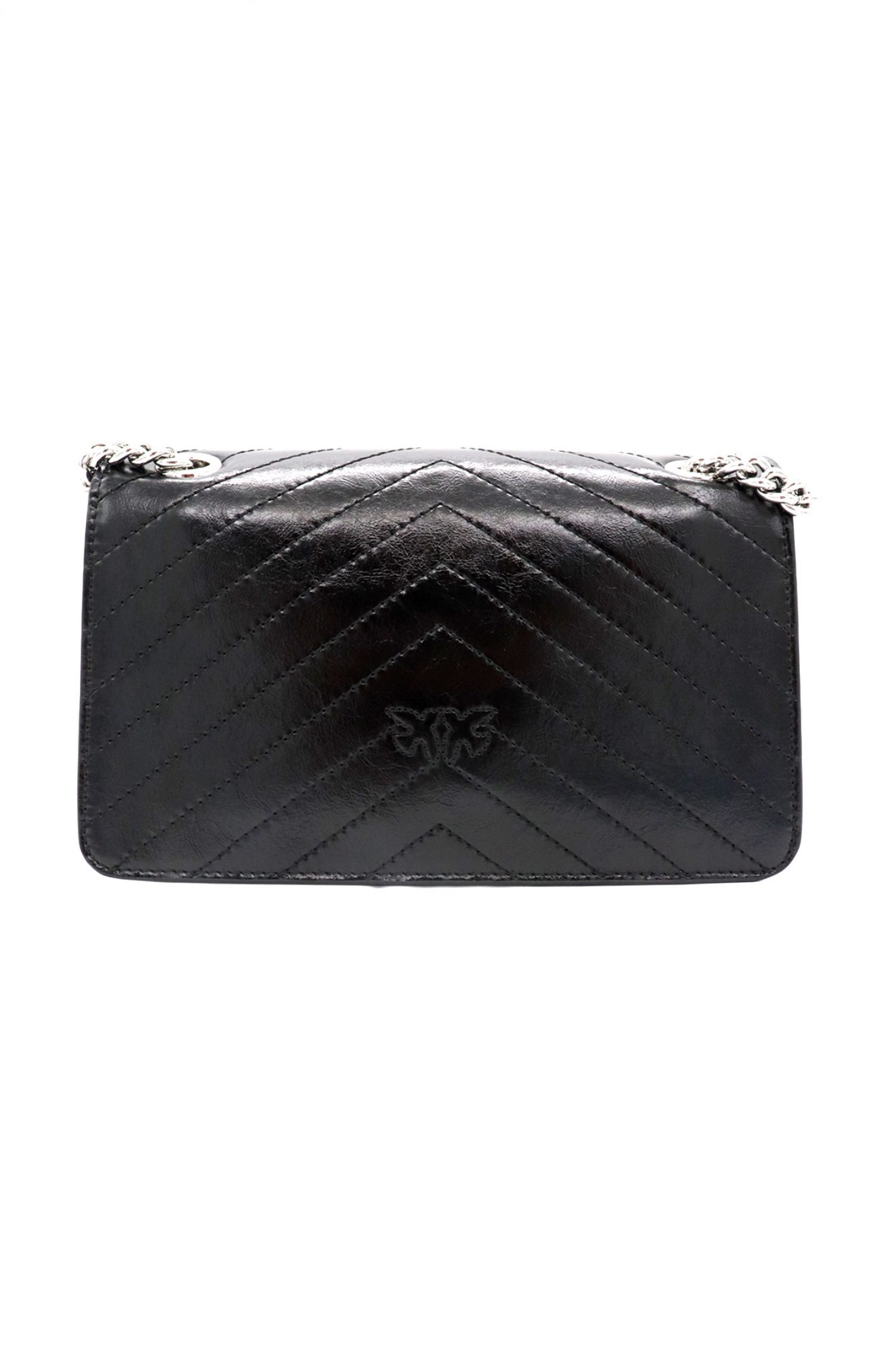 PINKO ΤΣΑΝΤΑ LOVE ONE LIGHT MINI VITELLO WRINKLE FLAT CHEVRON ΜΑΥΡΟ