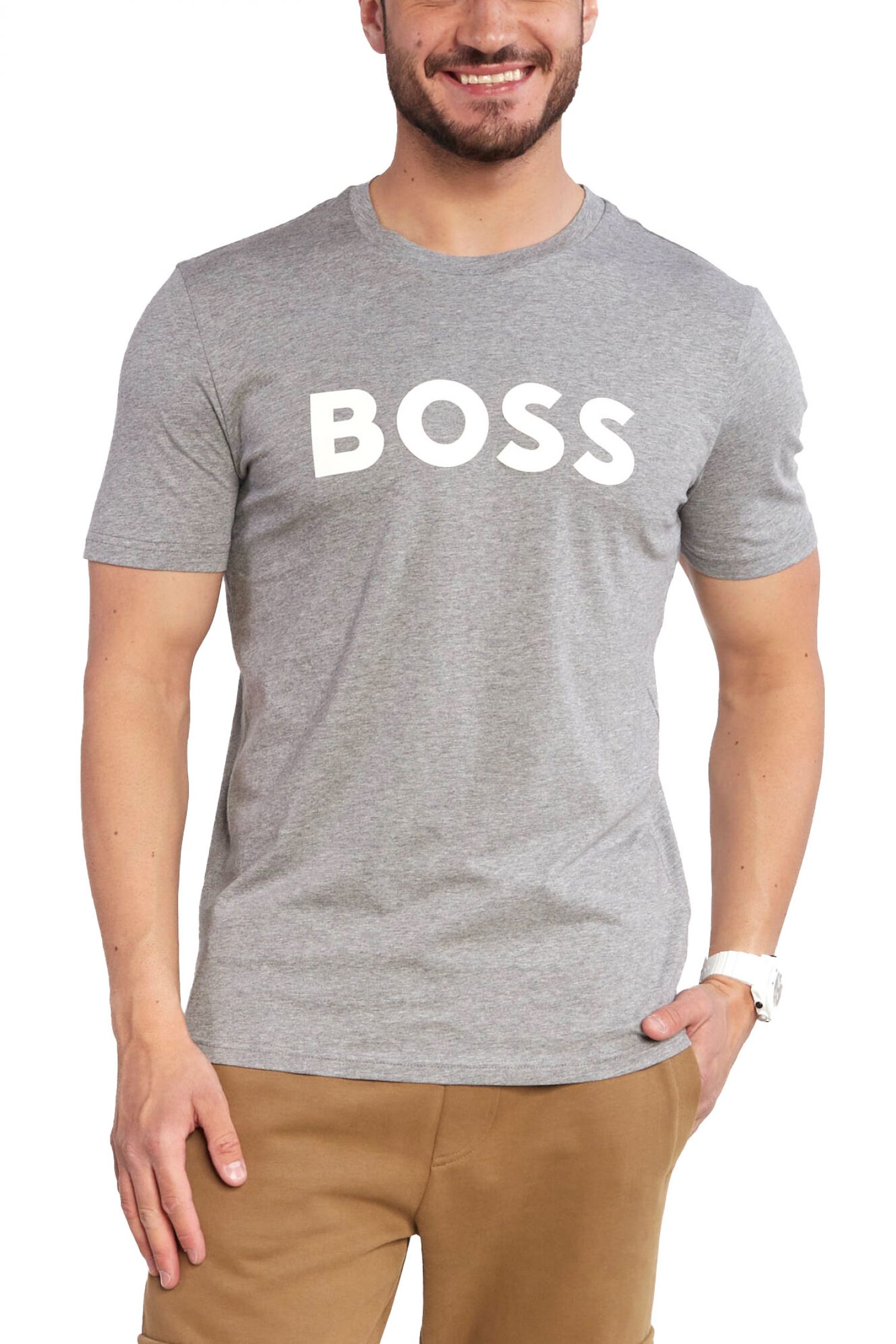 BOSS CASUAL T-SHIRT ΜΕ ΣΤΑΜΠΑ REGULAR FIT THINKIG 1 ΓΚΡΙ