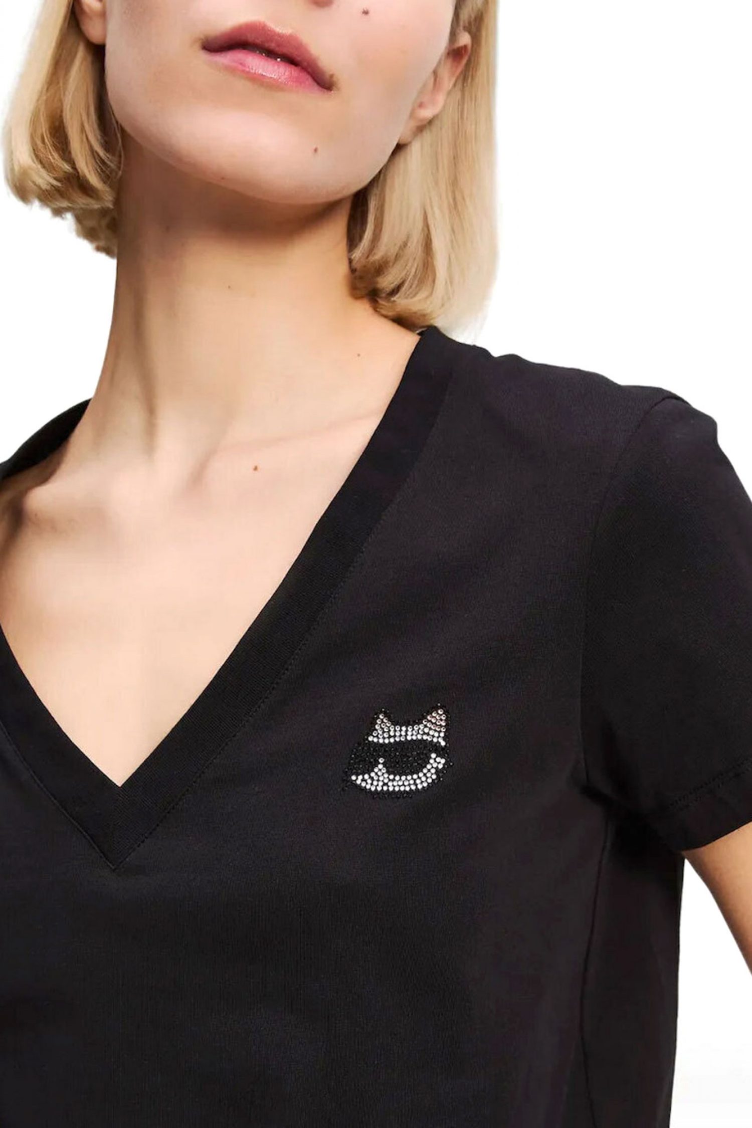 KARL LAGERFELD T-SHIRT IKON RS V-NECK REGULAR FIT LOGO ΣΤΡΑΣ ΜΑΥΡΟ