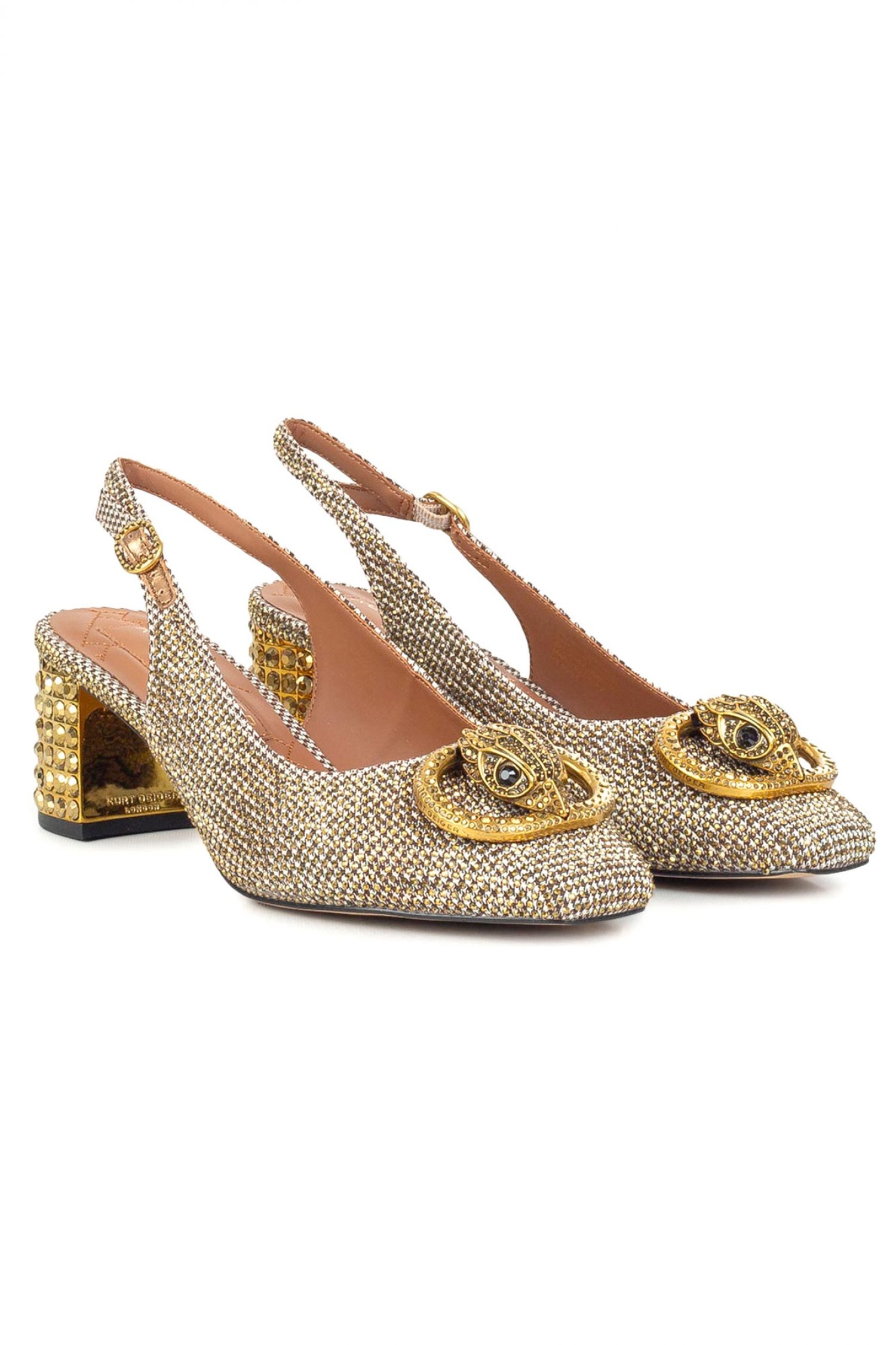 KURT GEIGER ΠΑΠΟΥΤΣΙΑ MULES CHELSEA BLOCK SLINGBACK METAΛΛΙΚΑ ΣΤΡΑΣ LOGO ΧΡΥΣΟ φωτογραφία