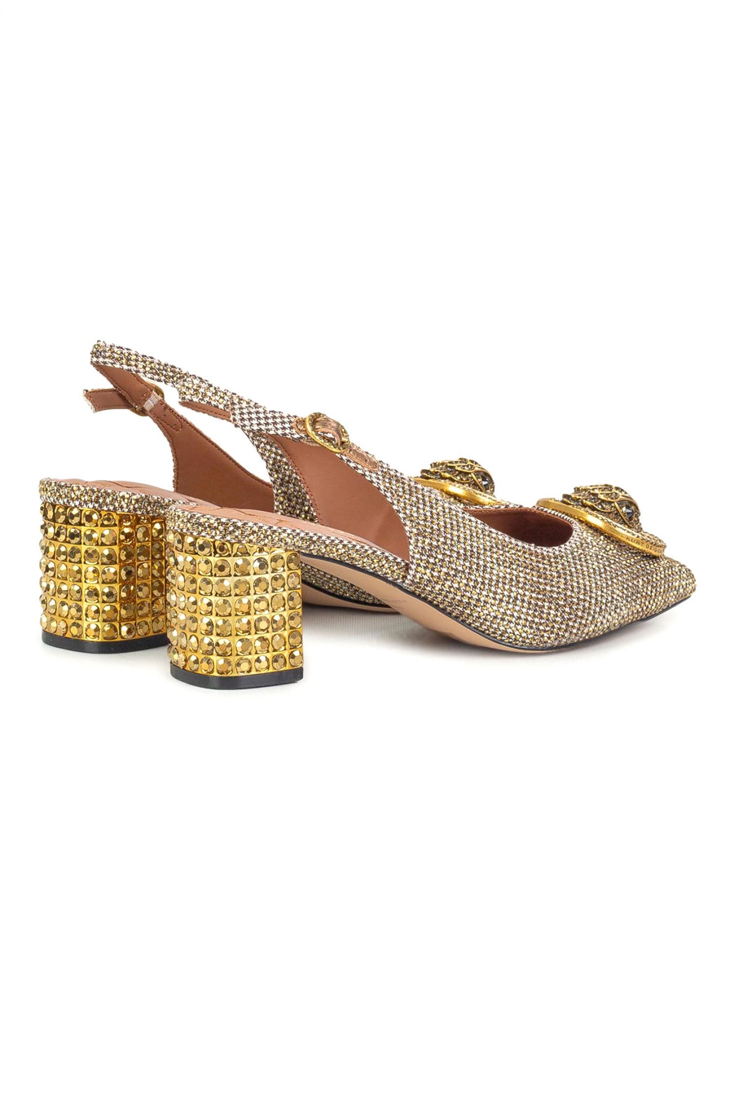 KURT GEIGER ΠΑΠΟΥΤΣΙΑ MULES CHELSEA BLOCK SLINGBACK METAΛΛΙΚΑ ΣΤΡΑΣ LOGO ΧΡΥΣΟ φωτογραφία