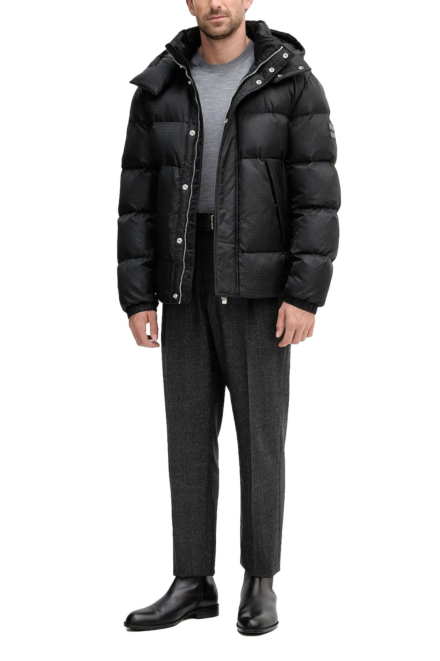 BOSS ΜΠΟΥΦΑΝ PUFFER ALL OVER LOGO ΑΠΟΣΠΩΜΕΝΗ KΟΥΚΟΥΛΑ H-COMBINIAN5 ΜΑΥΡΟ