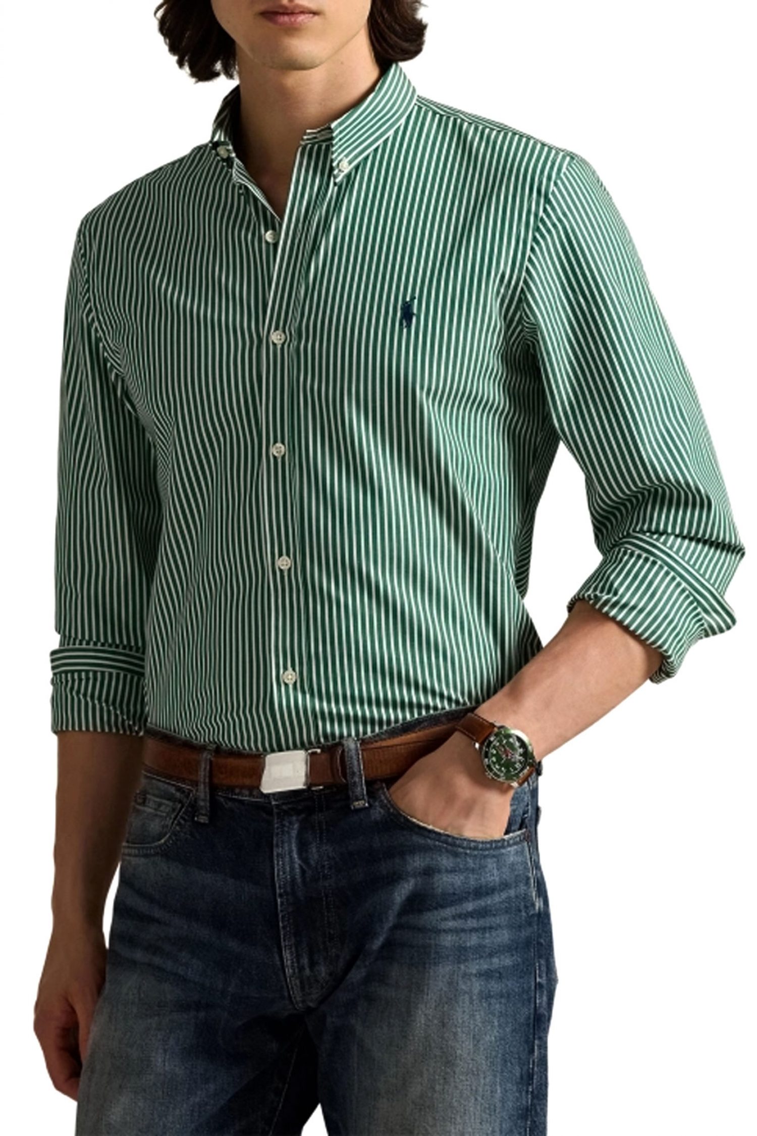 RALPH LAUREN ΠΟΥΚΑΜΙΣΟ ΡΙΓΕ BUTTON DOWN CUSTOM FIT STRETCH ΠΡΑΣΙΝΟ-ΛΕΥΚΟ