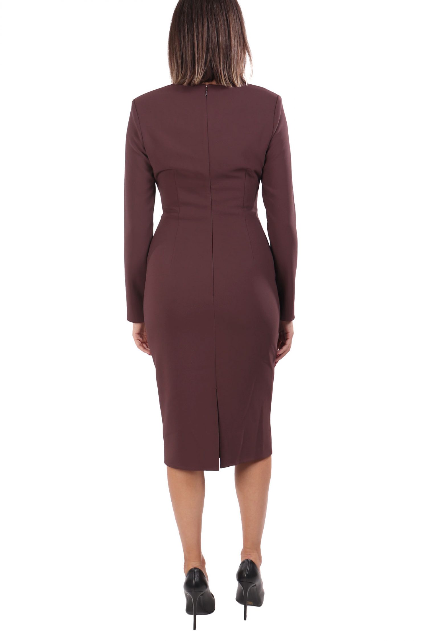 ELISABETTA FRANCHI ΦΟΡΕΜΑ MIDI ΜΕΣΑΤΟ V-NECK ΧΡΥΣΗ ΛΕΠΤΟΜΕΡΕΙΑ ΛΑΙΜΟΥ ΒΟΥΡΓΟΥΝΔΙ