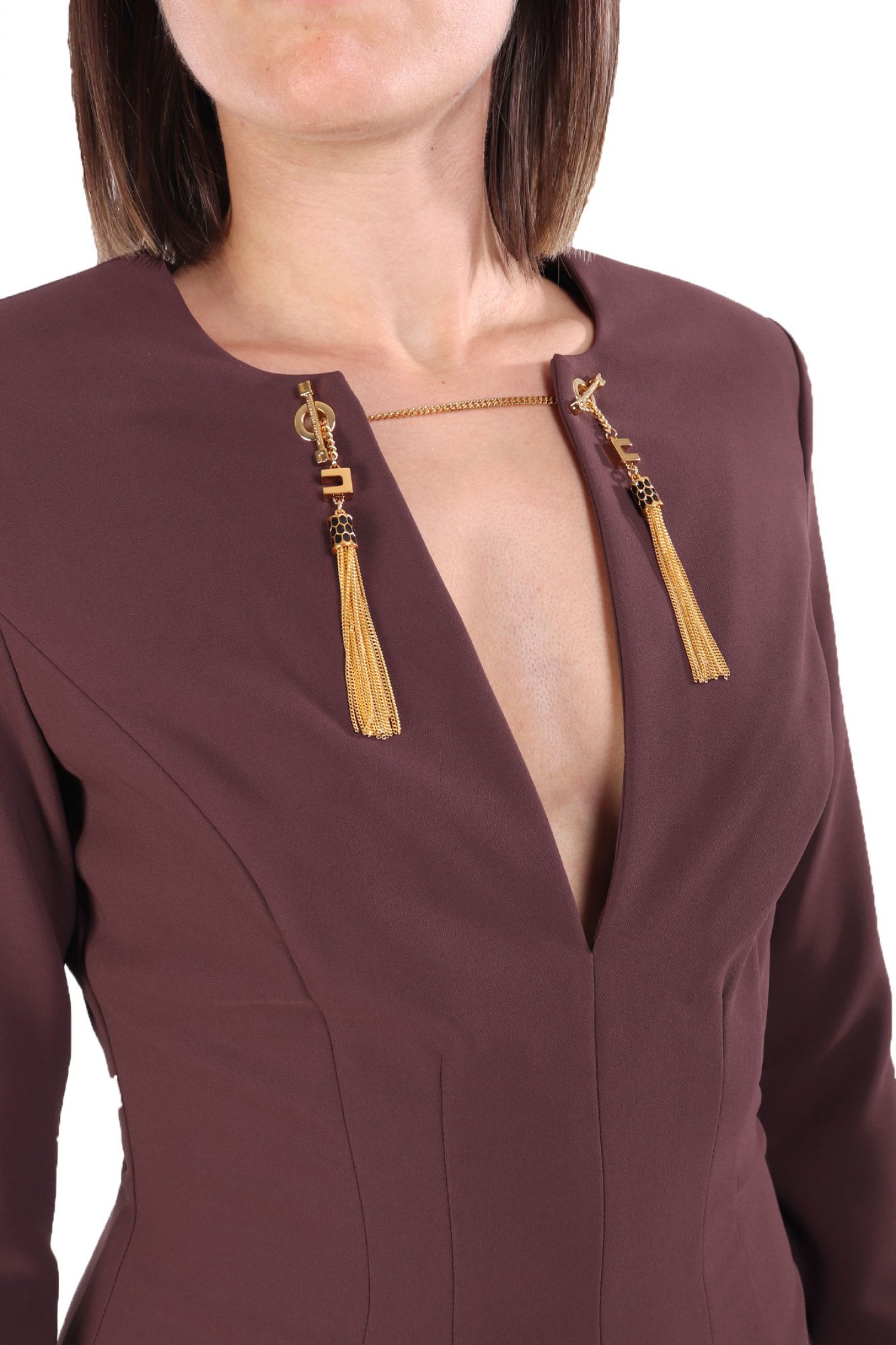 ELISABETTA FRANCHI ΦΟΡΕΜΑ MIDI ΜΕΣΑΤΟ V-NECK ΧΡΥΣΗ ΛΕΠΤΟΜΕΡΕΙΑ ΛΑΙΜΟΥ ΒΟΥΡΓΟΥΝΔΙ