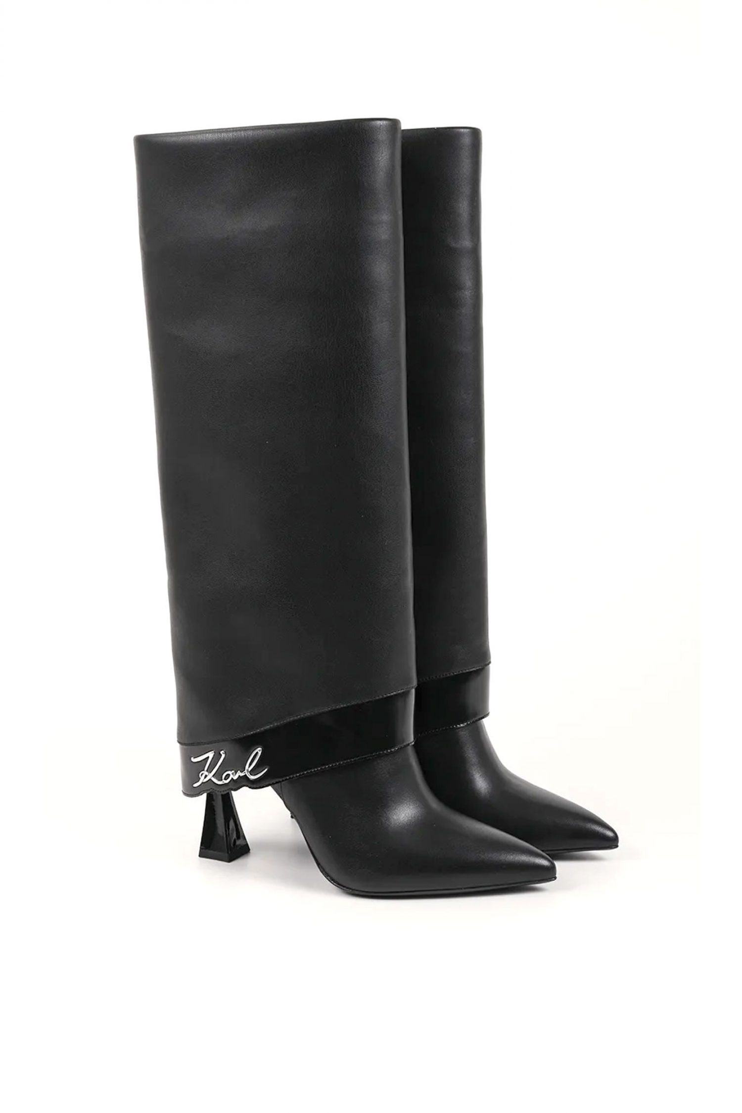 KARL LAGERFELD ΠΑΠΟΥΤΣΙΑ MΠΟΤΕΣ DEBUTANTE FOLD DOWN HI LEG BOOT METAΛΛΙΚΟ LOGO ΜΑΥΡΟ