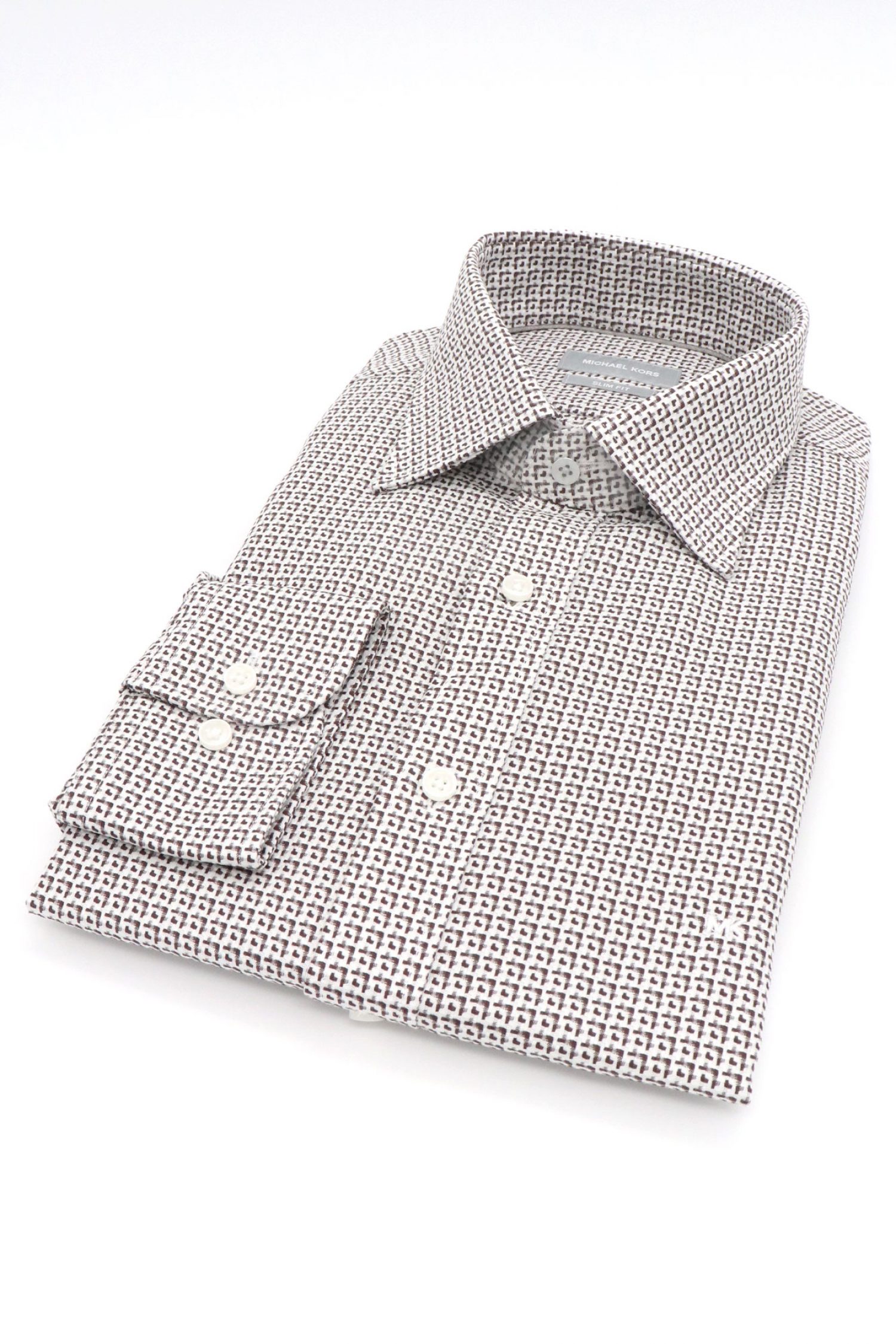 MICHAEL KORS ΠΟΥΚΑΜΙΣΟ ΜΙΚΡΟΣΧΕΔΙΟ SLIM FIT EASY CARE STRETCH ΛΕΥΚΟ-ΚΑΦΕ