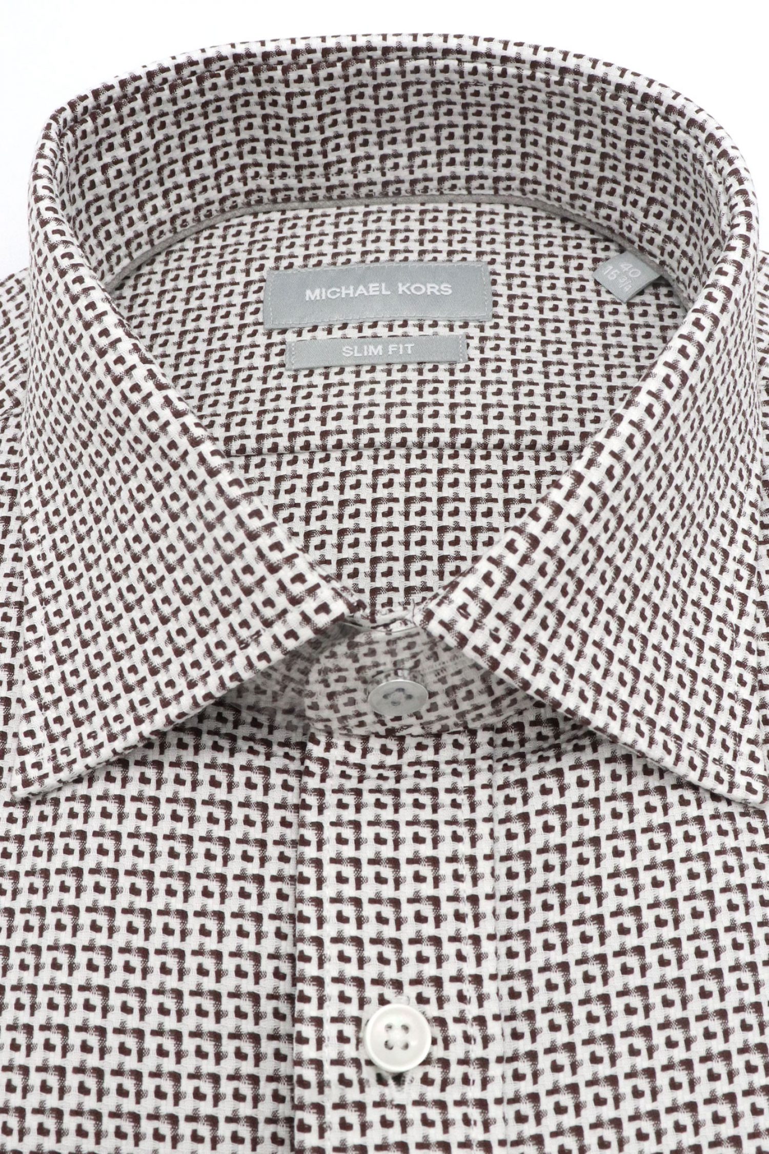 MICHAEL KORS ΠΟΥΚΑΜΙΣΟ ΜΙΚΡΟΣΧΕΔΙΟ SLIM FIT EASY CARE STRETCH ΛΕΥΚΟ-ΚΑΦΕ