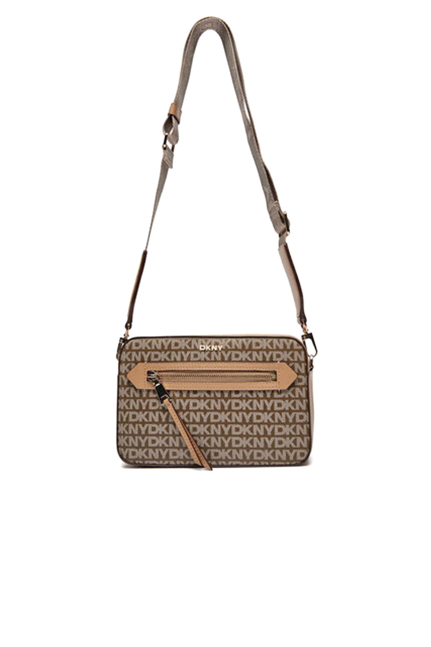DKNY ΤΣΑΝΤΑ CROSSBODY BRYANT AVE CAMERA BAG ALL OVER LOGO ΜΠΕΖ-ΚΑΦΕ
