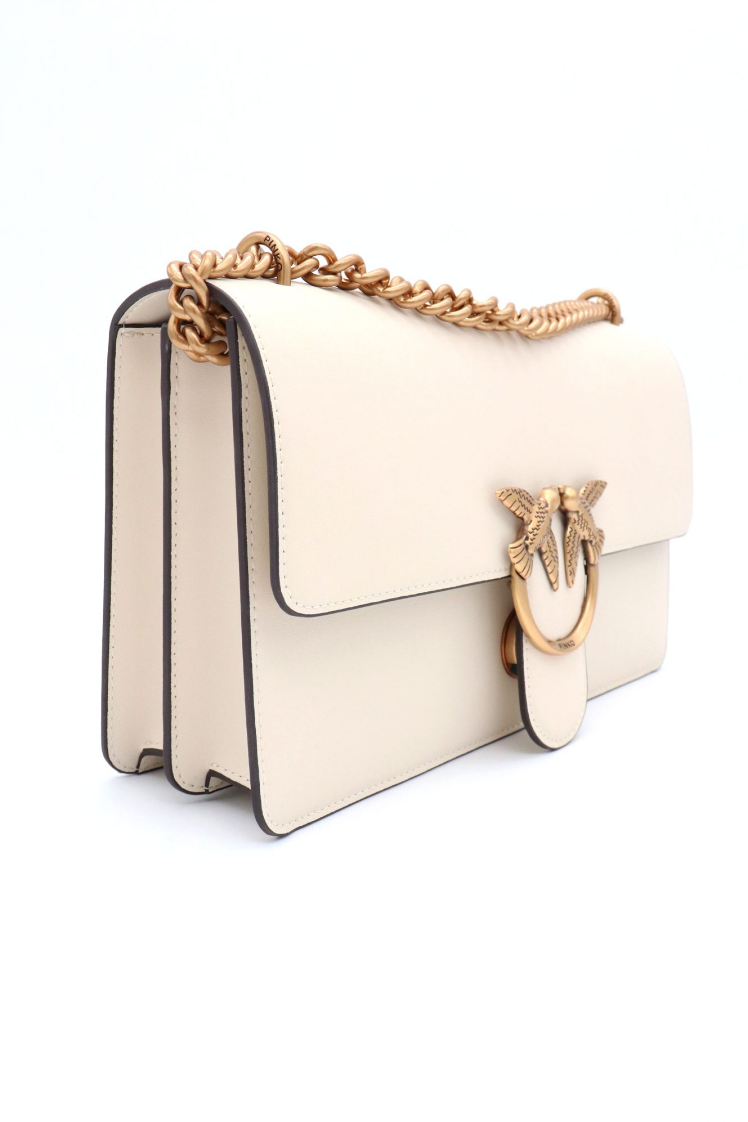 PINKO ΤΣΑΝΤΑ LOVE ONE CLASSIC DC VITELLO SETA LOGO ΛΕΥΚΟ-ANTIQUE GOLD