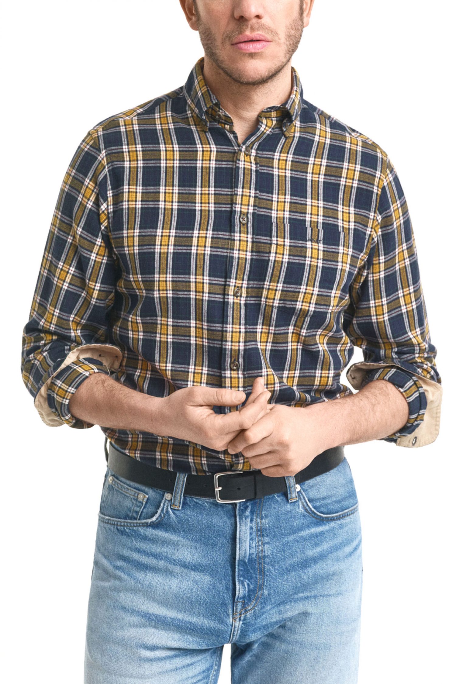 GANT ΠΟΥΚΑΜΙΣΟ ΚΑΡΩ REG WINDBLOWN FLANNEL CHECK SHIRT ΜΠΛΕ-ΜΟΥΣΤΑΡΔΙ