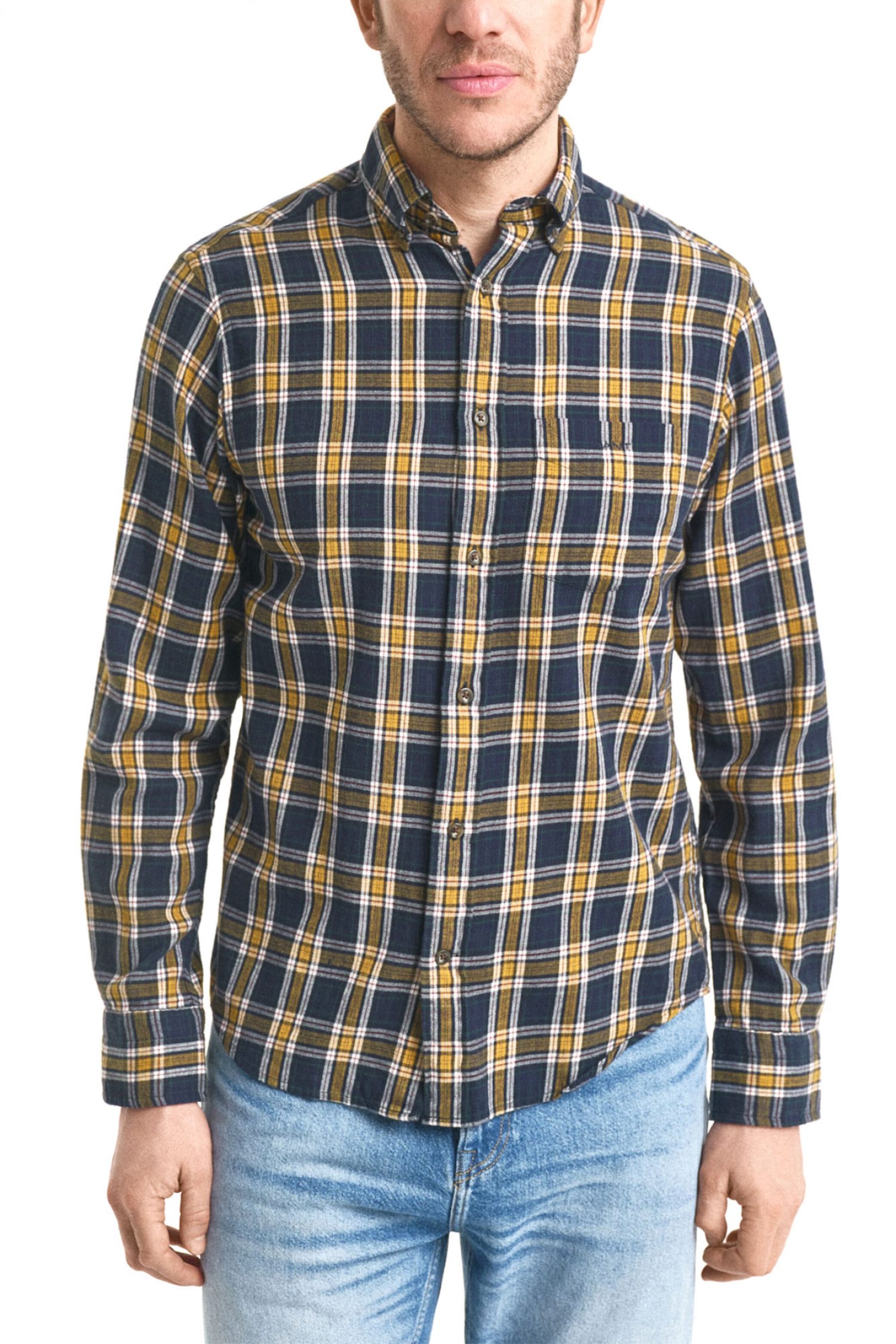 GANT ΠΟΥΚΑΜΙΣΟ ΚΑΡΩ REG WINDBLOWN FLANNEL CHECK SHIRT ΜΠΛΕ-ΜΟΥΣΤΑΡΔΙ